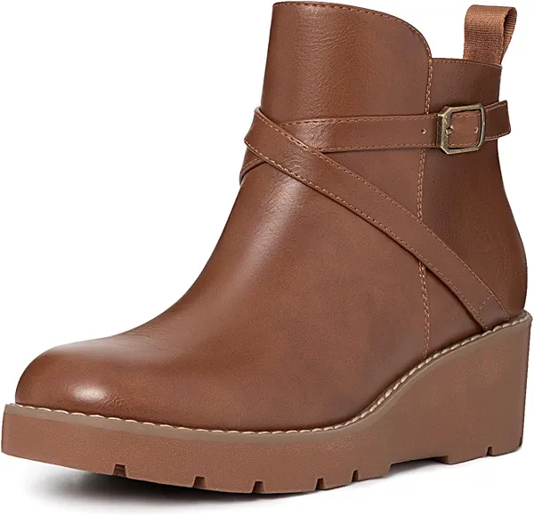 Athlefit Wedge Boots for Women Fashion Platform Lug Sole Leather Buckle Brown Ankle Booties with Side Zipper Size 11