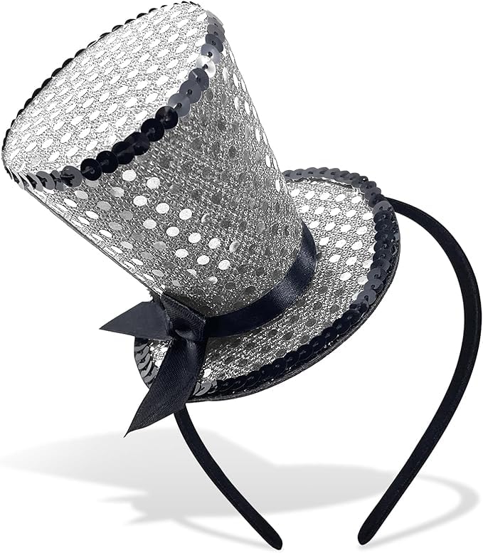 Myqiqi Mini Top Hat Headband, Sequins Tea Party Headpiece Fascinator for Women Lady Gril 1920s Gatsby Party Costume Accessory (Silver)