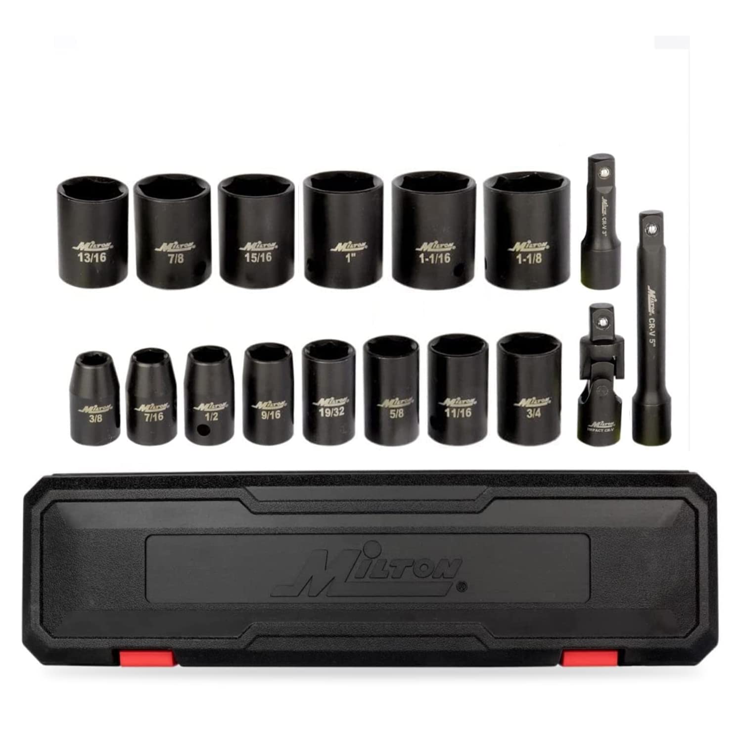 Milton Shallow Socket Set, 1/2” Drive Impact Socket Set, 17-Piece SAE 3/8