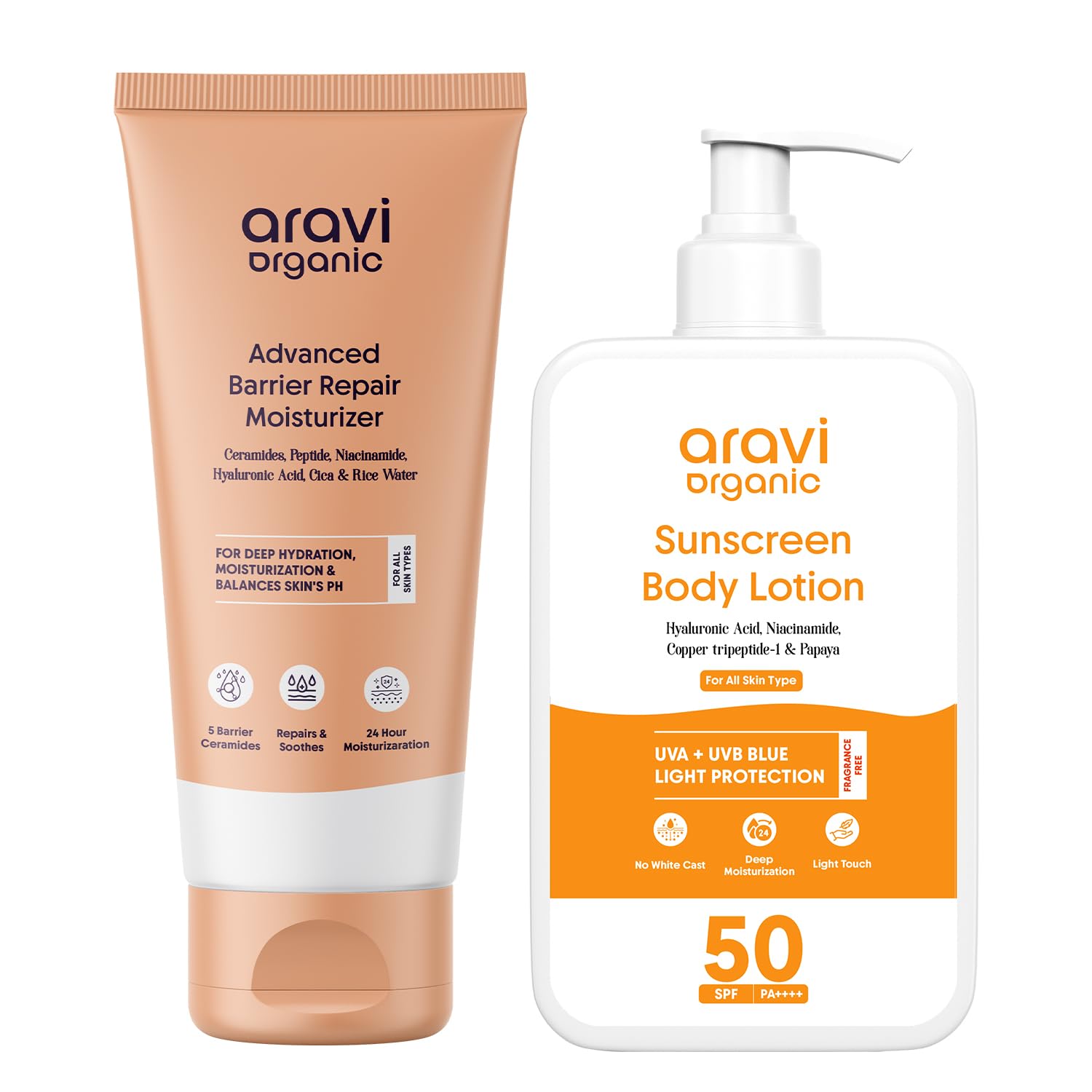 Aravi Organic Skin Sun Protection Combo – Barrier Repair Moisturizer (100g) + Oil Free Sunscreen Body Lotion SPF 50 PA+++ (200ml)