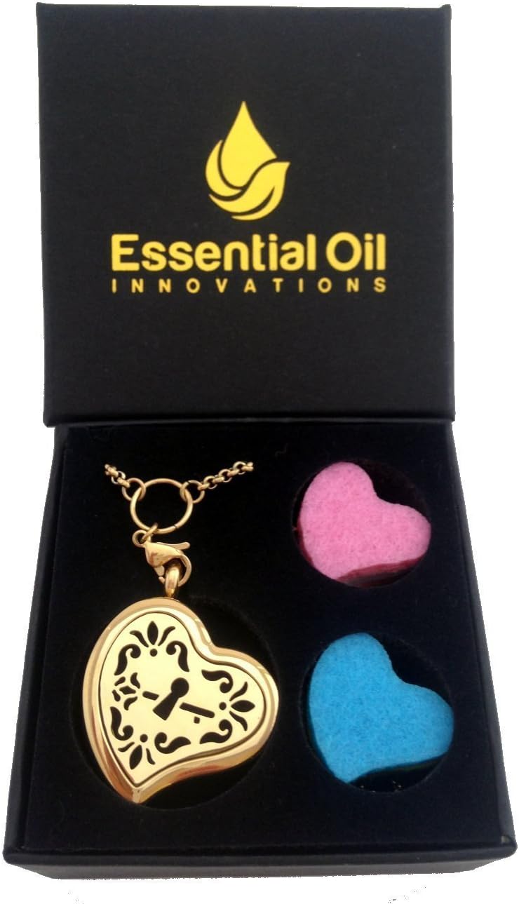 Essential Oils Diffuser Jewelry Aromatherapy Necklace Gold Plated 316 Stainless Steel Heart of Love Pendant Locket 24" 2.5mm Chain and 7 Washable Refill Pads