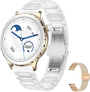 Aliwisdom Smart Watch for Women, 1.32" Round HD Screen Smartwatch waterproof Fitness Tracker Sport Watch Ceramic strap White for iPhone Android with Bluetooth Calling & Whatswapp Reminder (Rose Gold)
