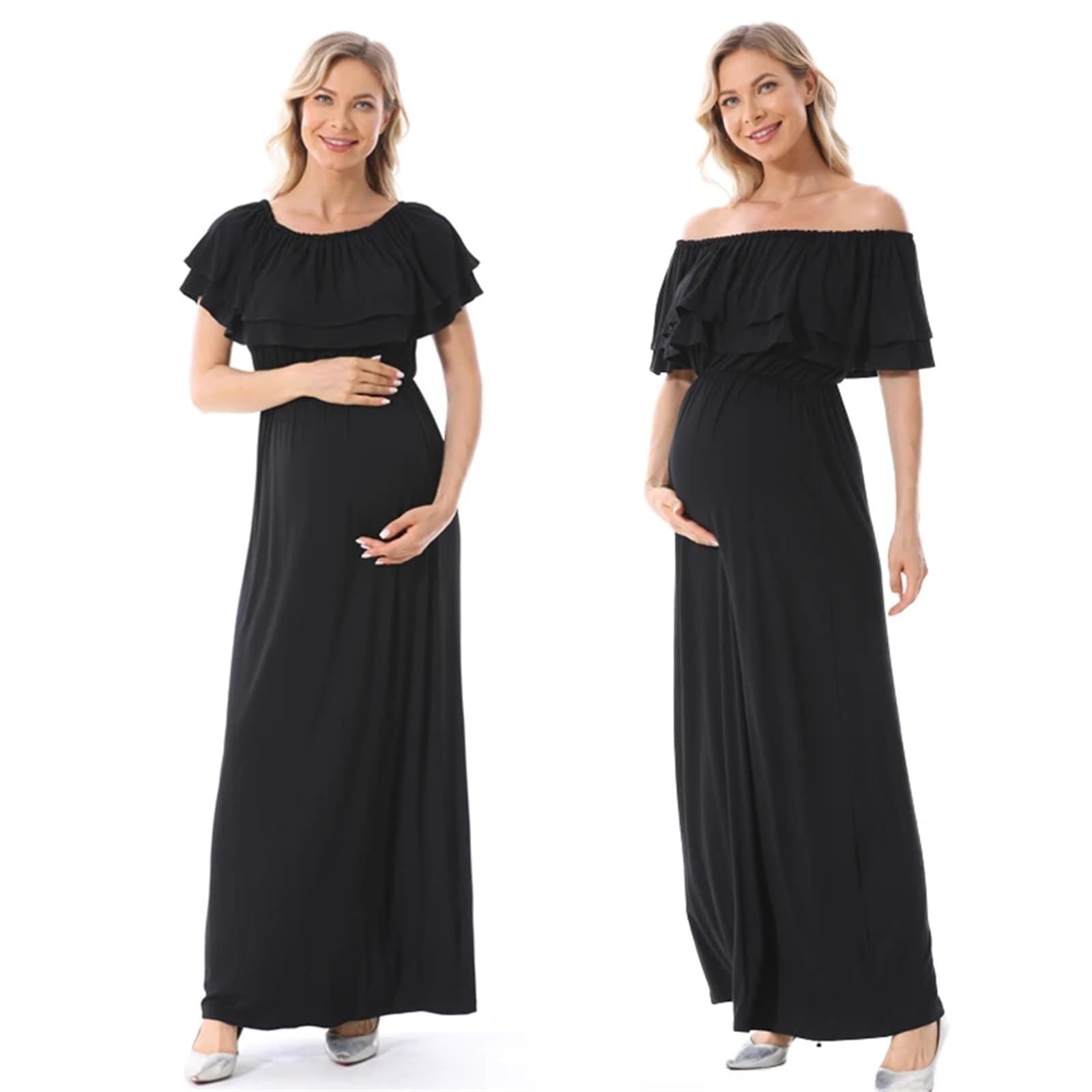 Abito Lungo Premaman con Volant, Abito Premaman con Spalle Scoperte, Abito Premaman for Gravidanza e Allattamento, Servizio Fotografico for Mamme, Abiti Premaman