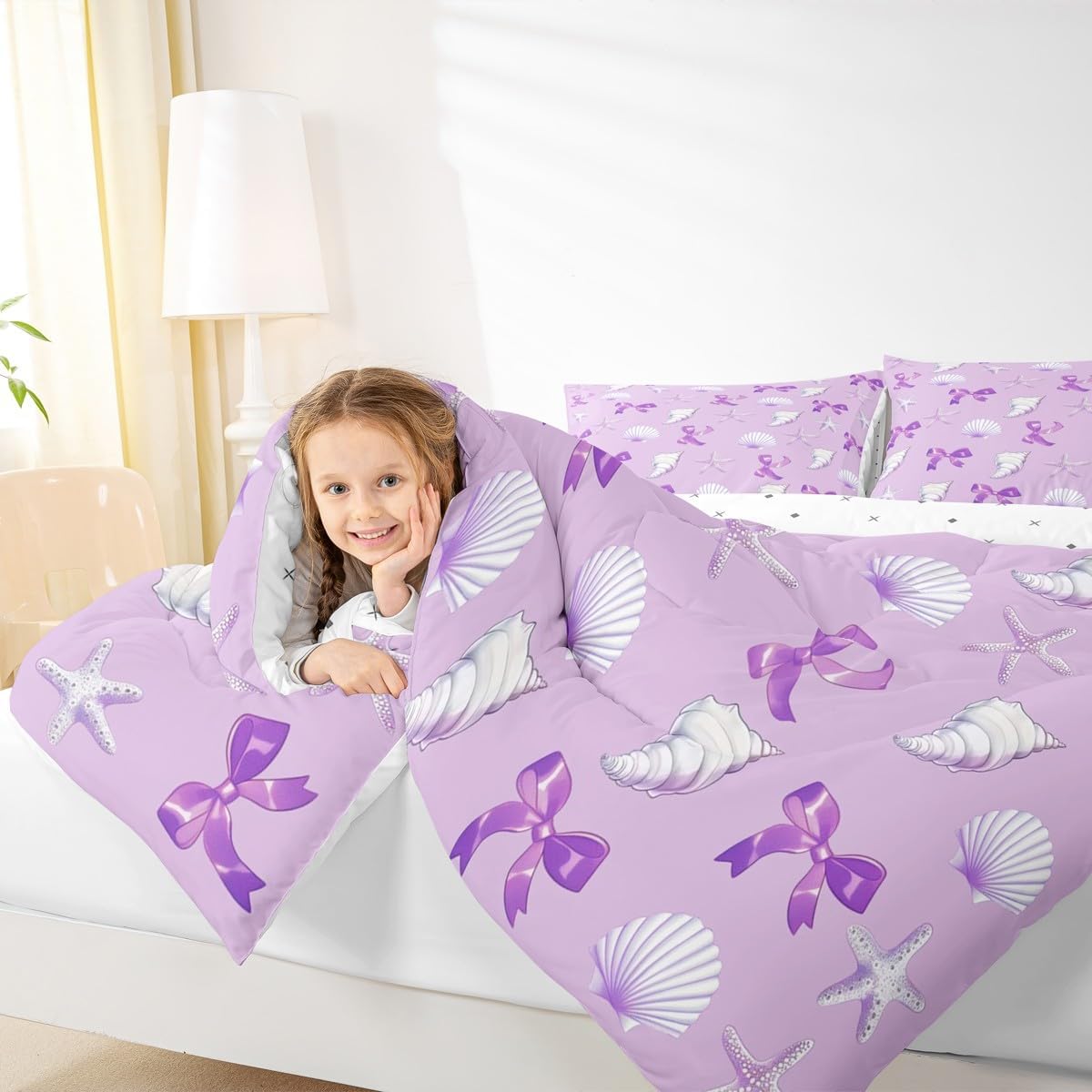 Erosebridal Coquette Bow Comforter Set Twin Size Conchs Starfish Bedding Set for Kids Girls Women Shells Cartoon 3D Beach Comforter Purple Bow Ocean Animals Quilt Bedroom Decor