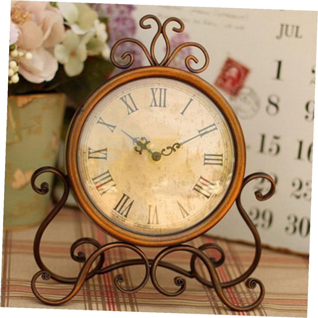 European Retro Iron Mantel Clock Vintage Style Non-Ticking Dorm Table Clock Brown Desktop Ornament for Living Room Fireplace Decor