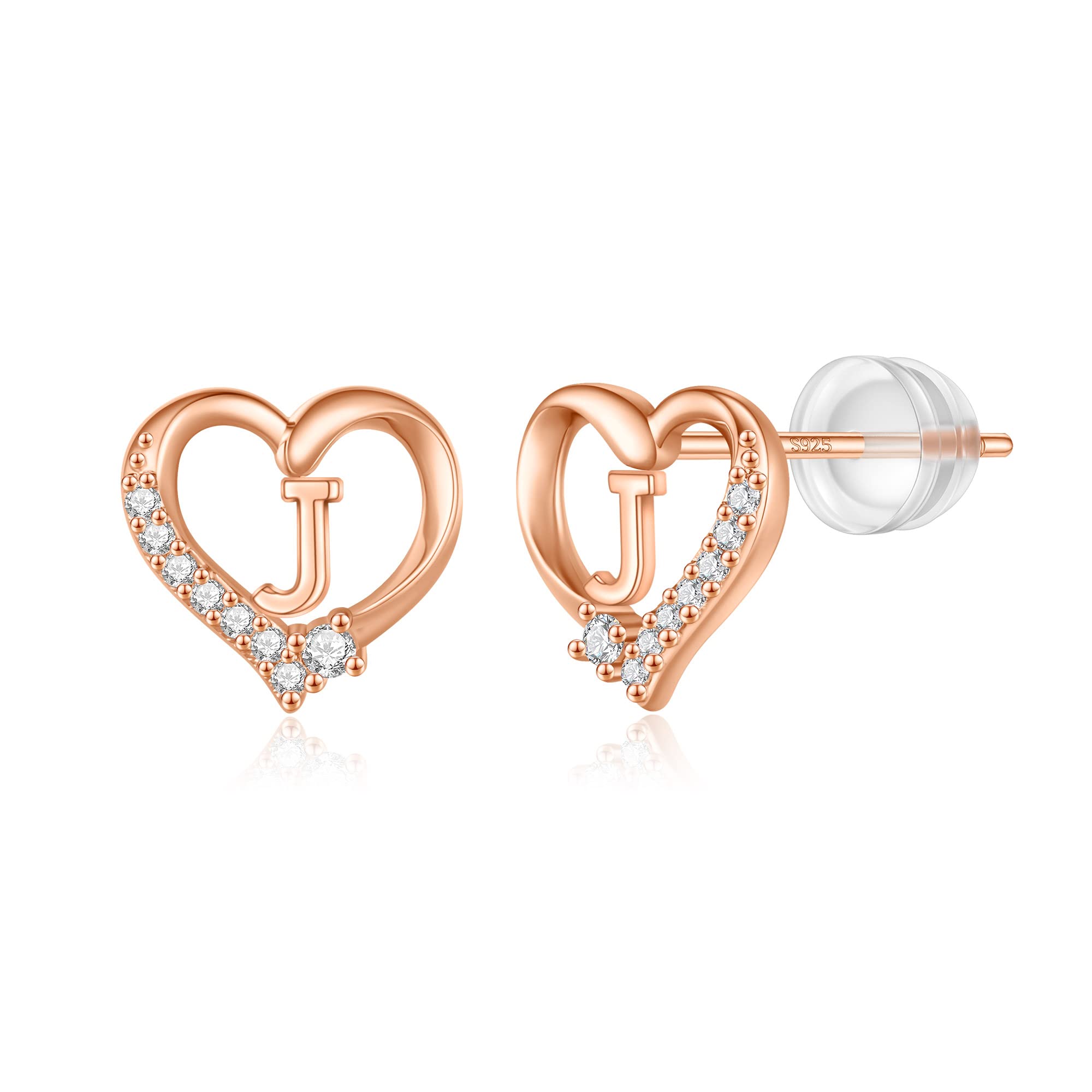 Heart Initial Stud Earrings for Girls, S925 Sterling Silver Post Hypoallergenic Girls Earrings Rose Gold Plated CZ Letter Earrings for Teen Girls Initial Earrings for Girls Teen Girls Kids Toddler