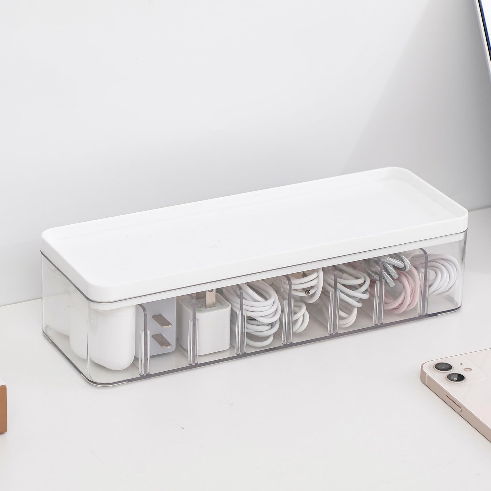 Yesesion Plastic Cable Organizer Box with Adjustable Compartments, Cords Storage Case for Desk Drawer Accessories, Phone Charger, Makeup Organizer, Pen and Pencil Holder (White Lid)