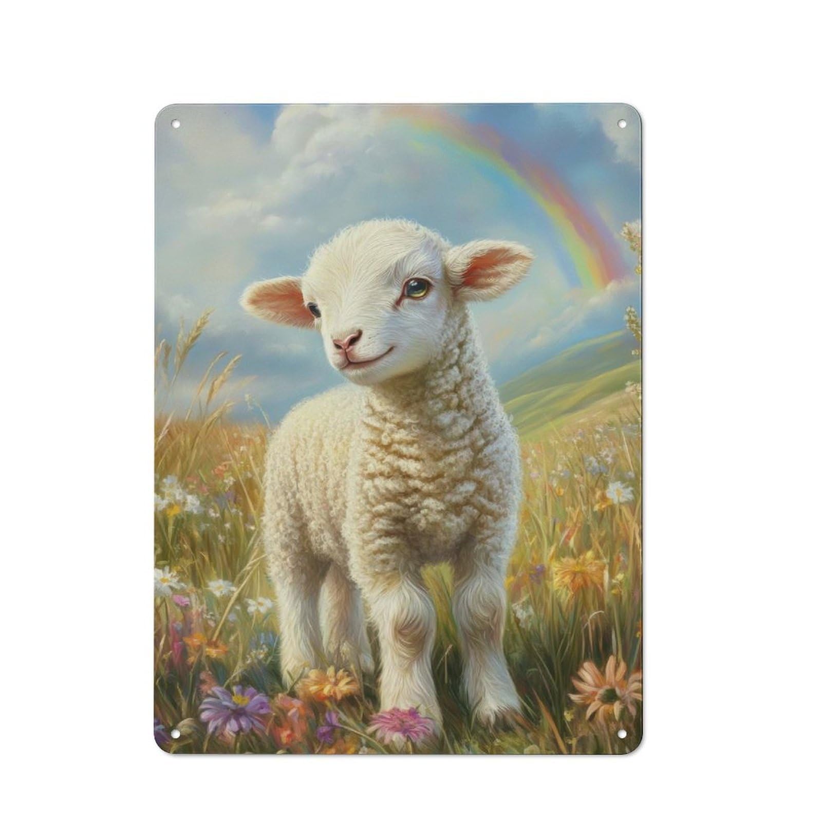 Classic Decorative Tin Plaque 40x30cm Featuring Lamb in A Meadow, Novelty Wall Art for Home, Shop, Pub Or Studio Wall