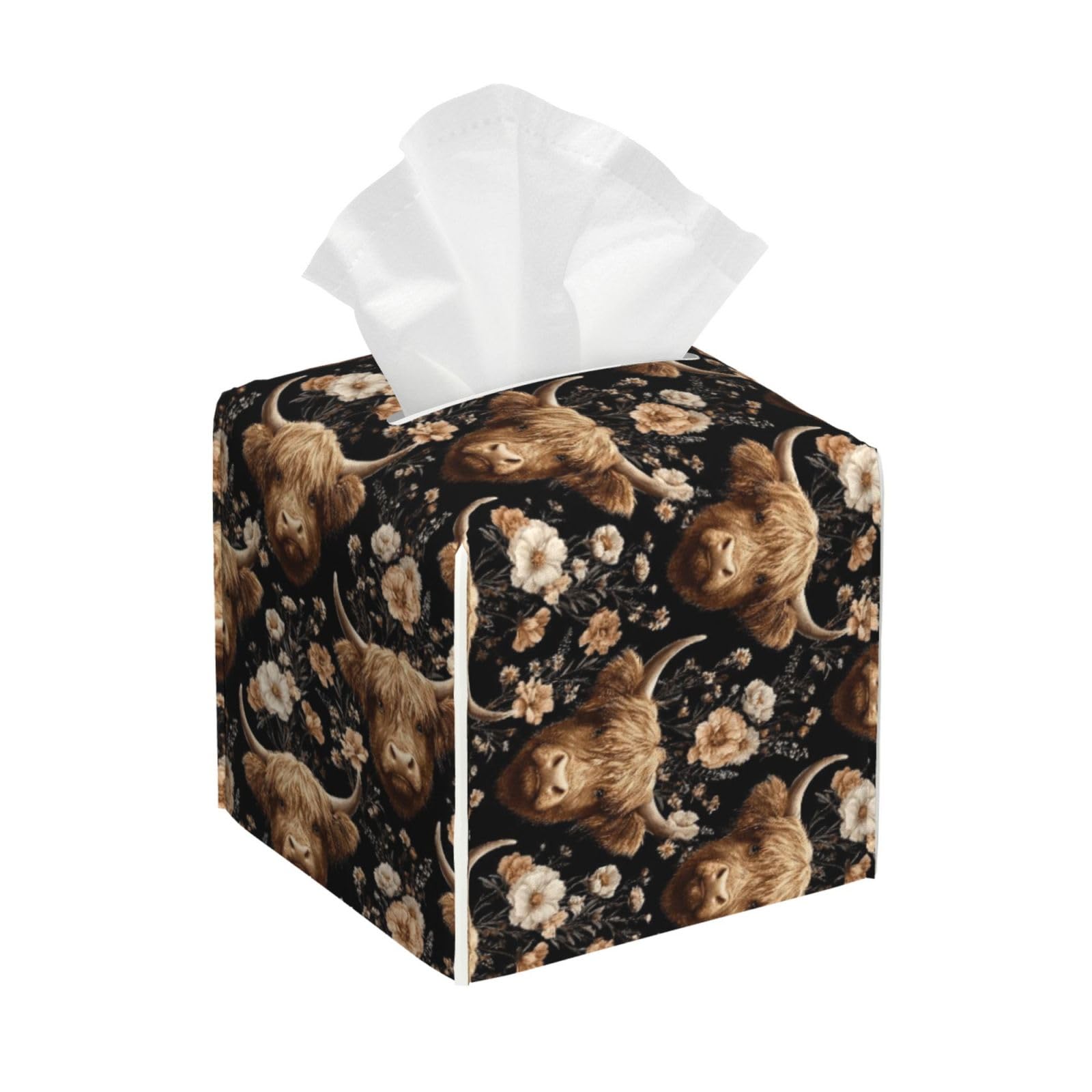 Flowery Cow Cute Print Tissue Box Cover Holder Square, Foldable Modern Cube Tissue Box Cover, Leather Decorative Organizer for Tabletop Bathroom Car Office Desk Decor
