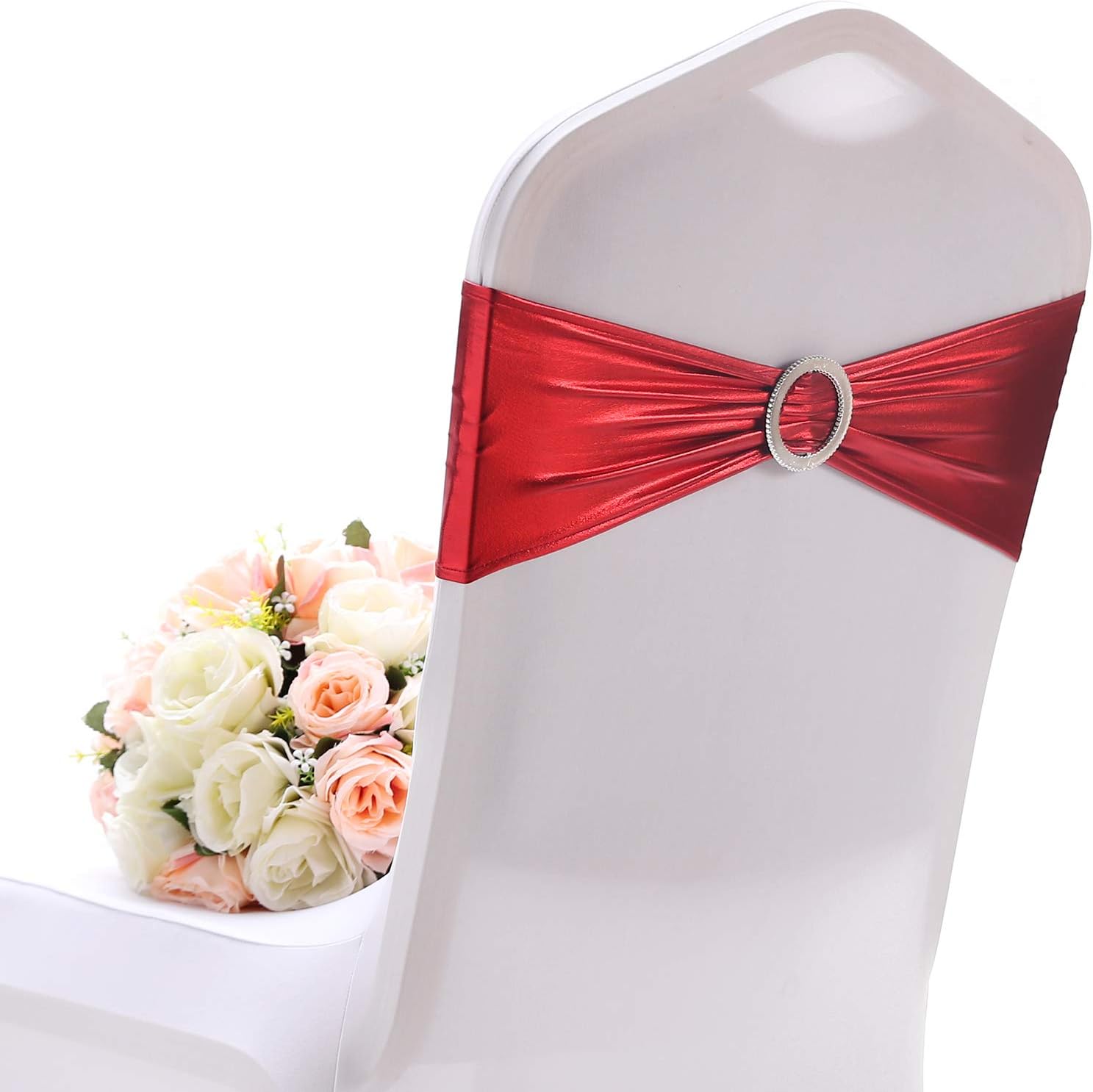 Yetomey Chair Sashes Spandex Bow Chair Bands with Buckle Slider Sashes for Wedding Banquet Party Event Decoration (Metallic Red, 10PCS)