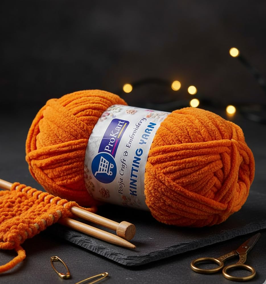 Image of ProKart Premium Blankie Wool, Plush & Cuddly, Chenille Yarn Supersoft Hand Knitting Wool Ball | Blanket Thick /Mottu Yarn Ball Suitable for Hand Knitting and Crocheting for Baby, Adult, Sweaters, caps, Throws, Home Furnishing, Scarves, Blankets (Bright Orange-BLK028, 100gms x 1 Pack)