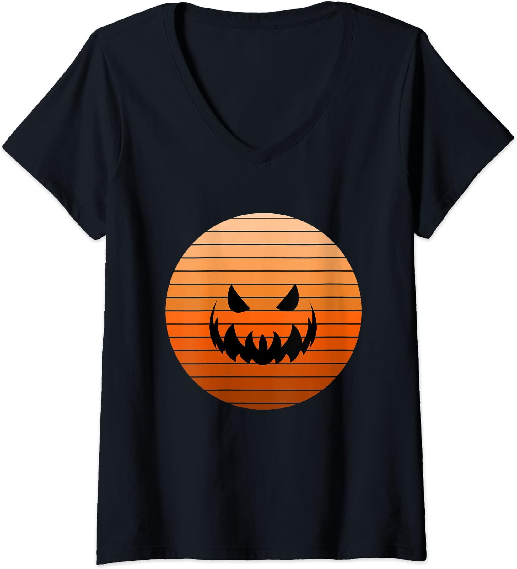 Womens Creepy Halloween Pumpkin Sunset Face V-Neck T-Shirt