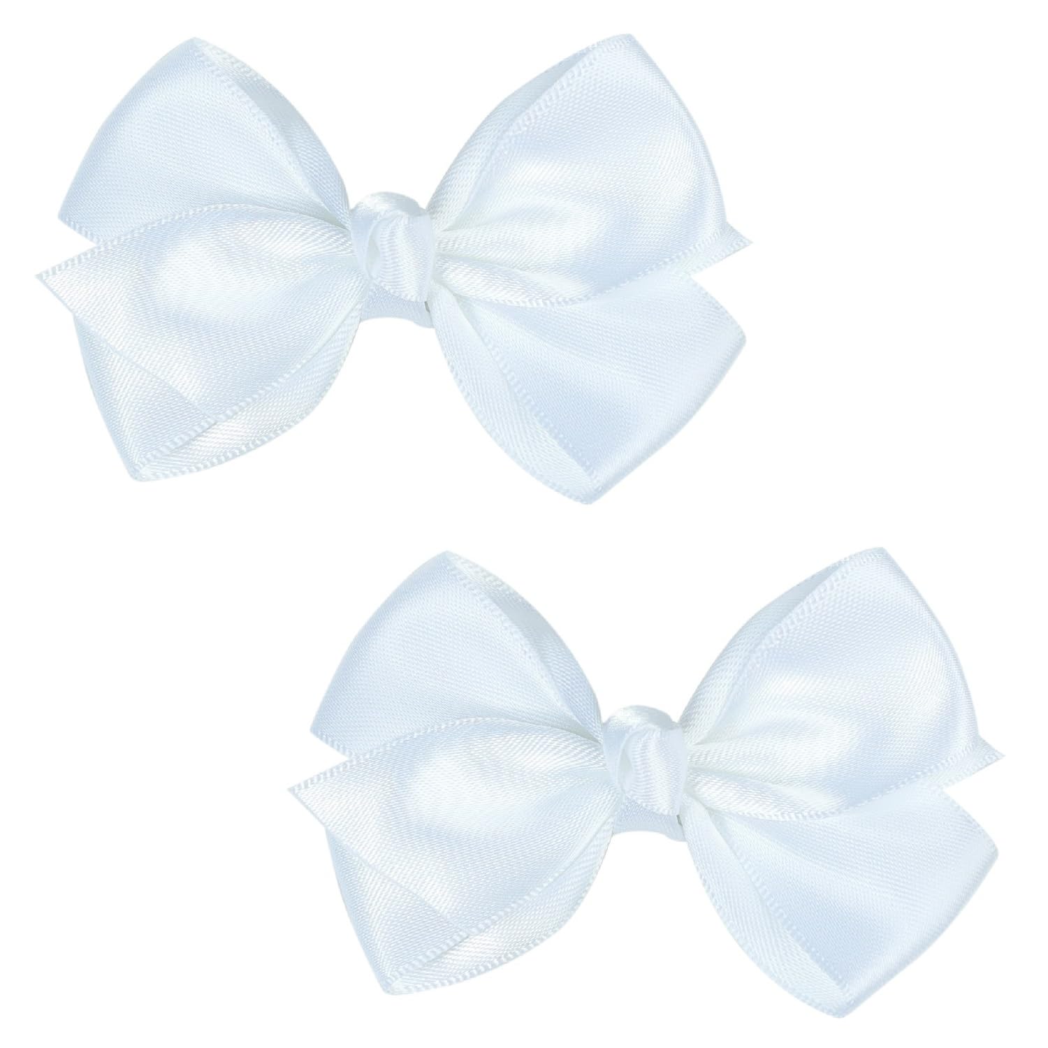 Set of 2 Delicate 3-Inch Satin Bow Hair Clips for Little Girls - Elegant White Hue