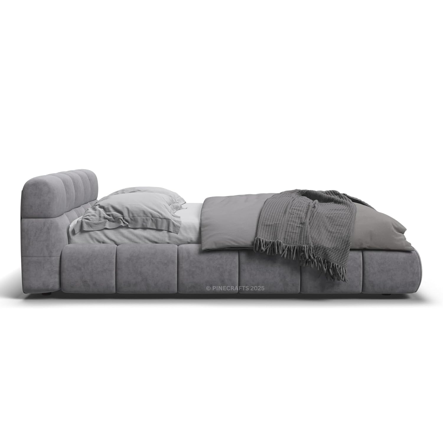 PineCrafts Premium Solid Wood Bed with Velvet Upholstery | Elegant Cushion Headboard | Custom Fabric Colour | Queen/Single | Mattress Excluded (Single)