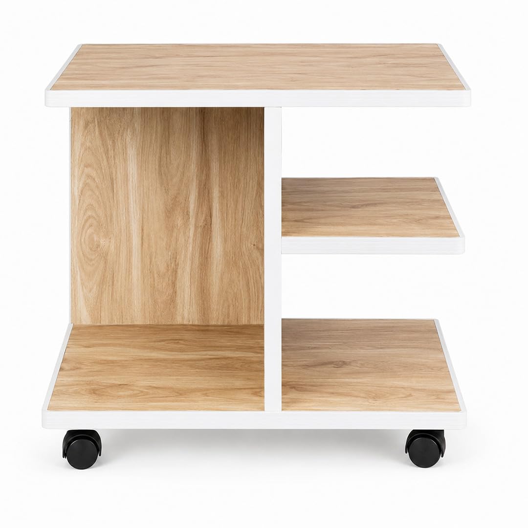 rolling side table with open storage shelves, natural oak finish | caster wheels, 3 storage levels, white edging, compact design, multi-use table
