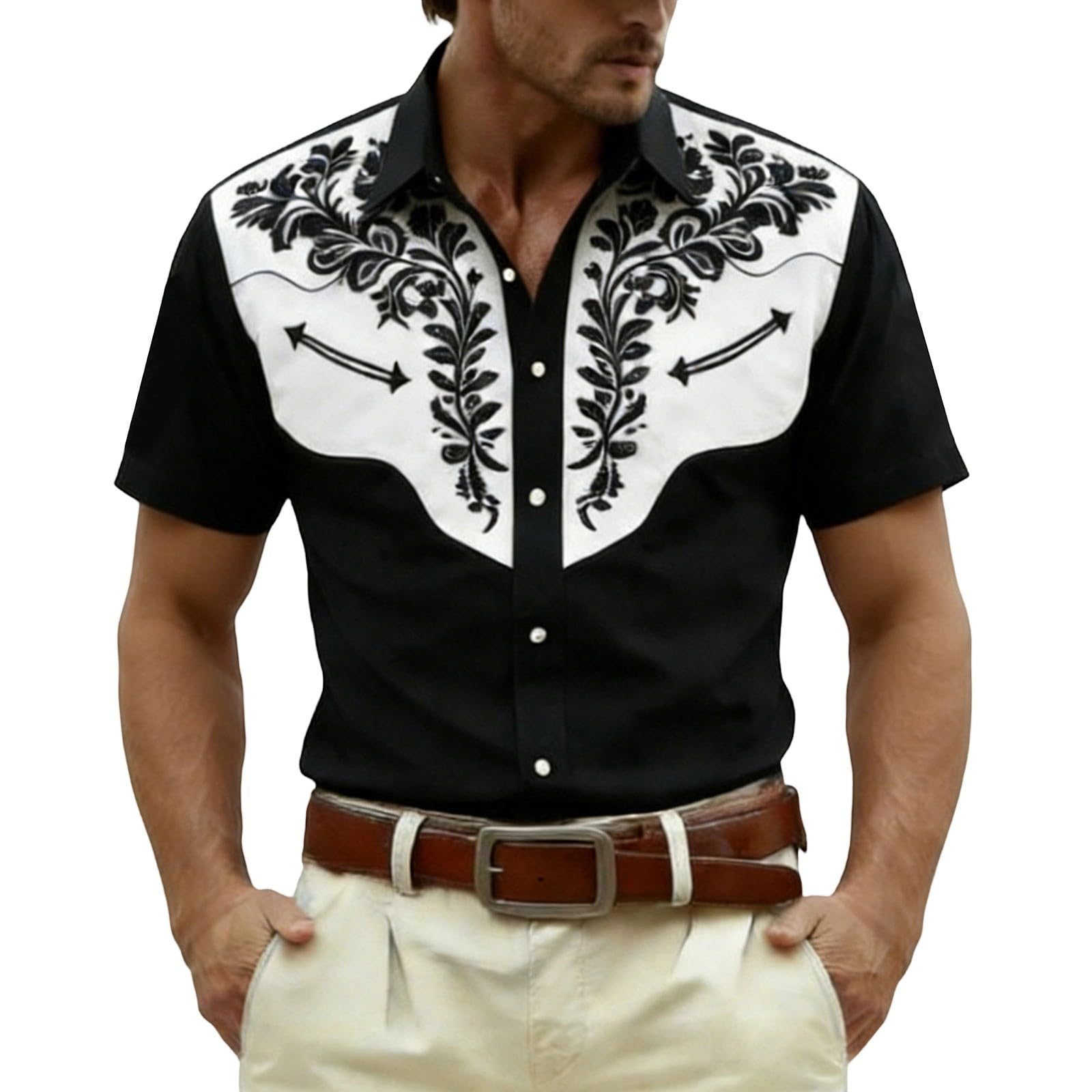 Cowboy Shirt Men's Western Shirts Cowboy Costume Men Western Shirts Western Cowboy Shirt Snap Embroidery Shirts Lapel Collar Classic Casual Shirt for Carnival Party Outfit, O Black, M