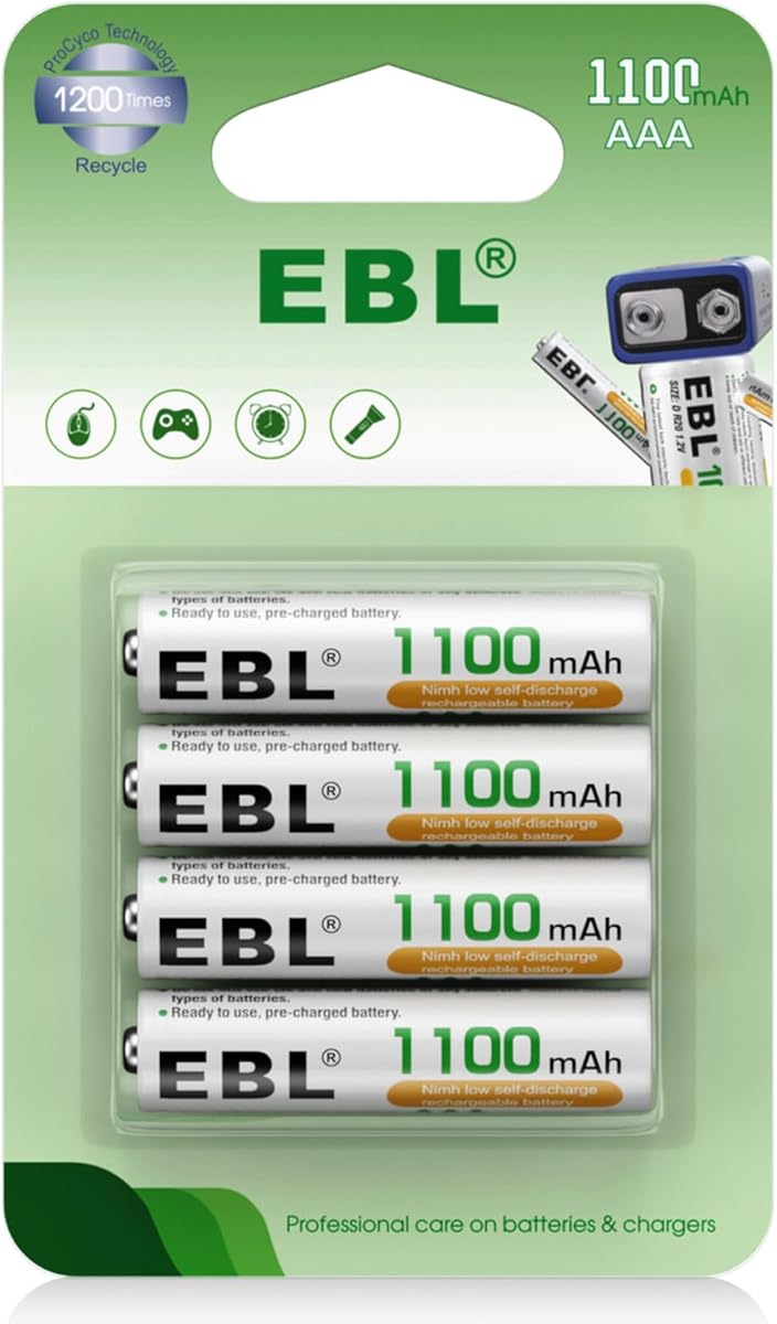 EBL AAA Rechargeable Batteries (4 Counts) 1100mAh Pre-Charged Triple A NiMH Battery with Retail Package
