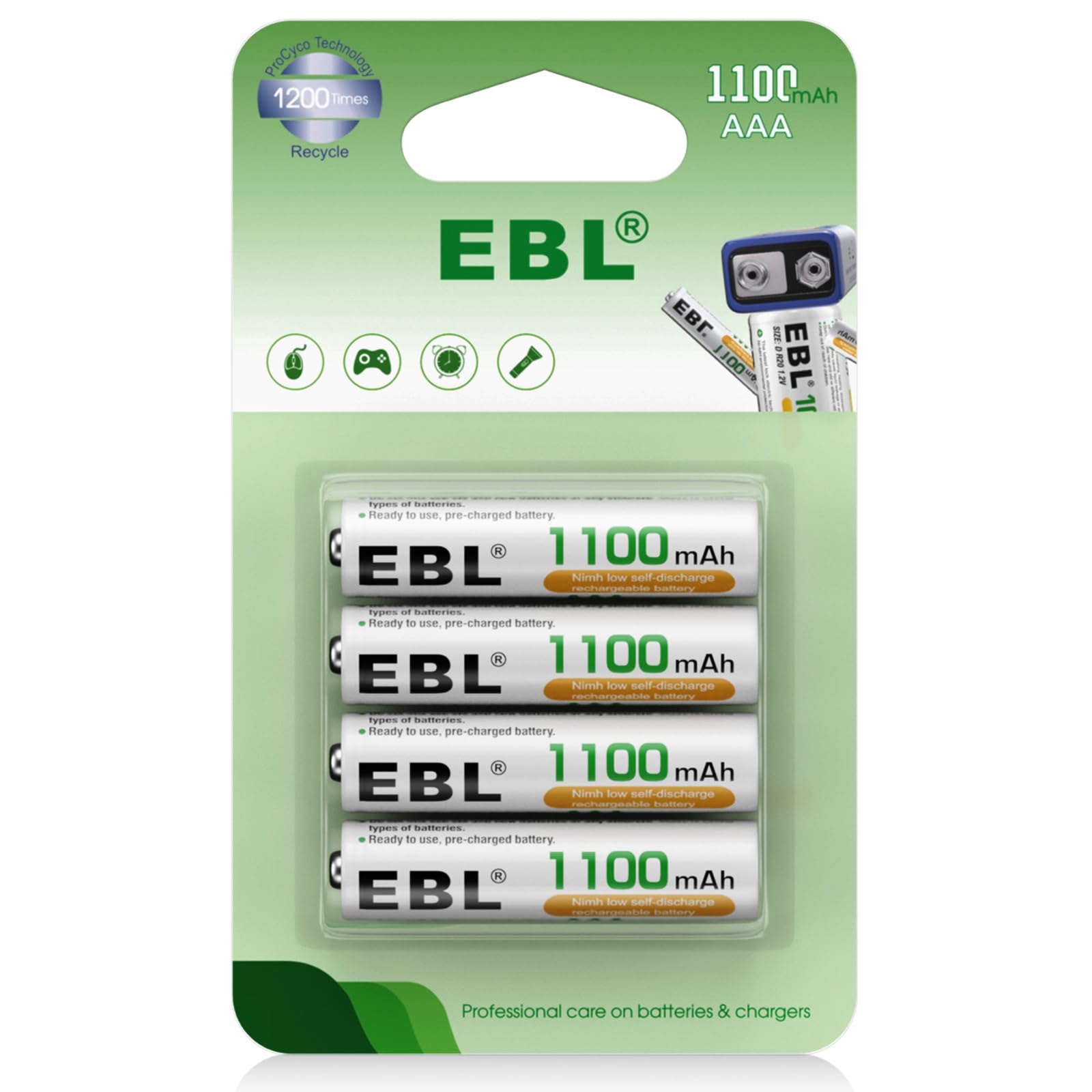 EBL AAA Rechargeable Batteries (4 Counts) 1100mAh Pre-Charged Triple A NiMH Battery with Retail Package