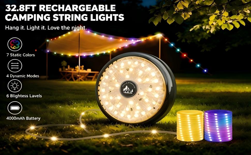 Image of Camping String Lights, Retractable 32.8ft RGB String Lights with 13 Lighting Modes, 4000mAh Hanging Waterproof Portable LED Fairy Lights for Tent Patio Awning Garden RV Decoration