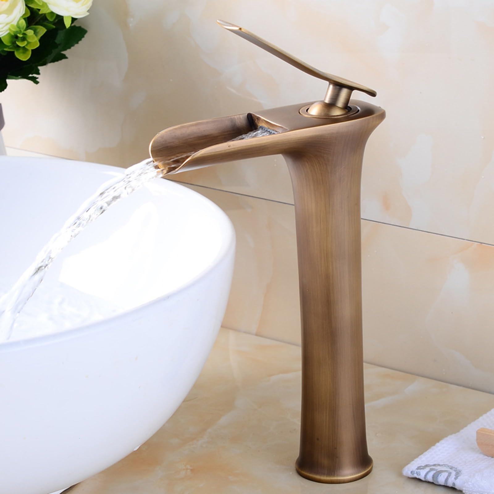 XJTNLB Grifo para Lavabo de Baño en Cascada Mezclador Monomando Lavabo Agua Caliente y Fría Griferia Lavabo Cascada,Antiguo,Alto