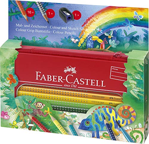 Faber-Castell A.W. 112452 – veces y caracteres Juego Colour Grip Jungla, 18 piezas en estuche de metal