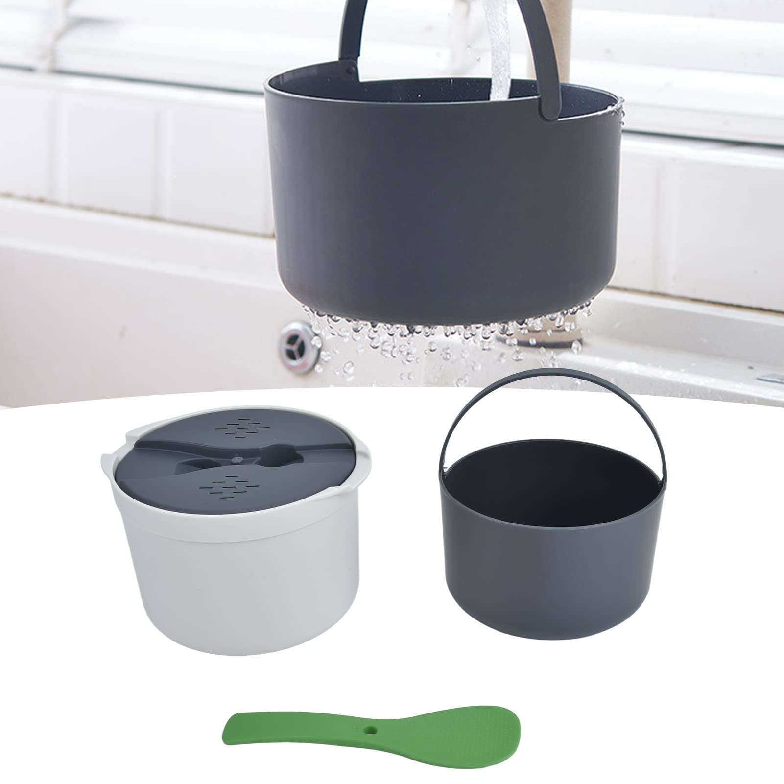 Cuociriso e Pasta a Microonde da 2 Litri - Set Fornello di Riso Con Coperchio, Cucchiaio, Colino e Pentola Fumante - Materiale PP per Alimenti (Verde)