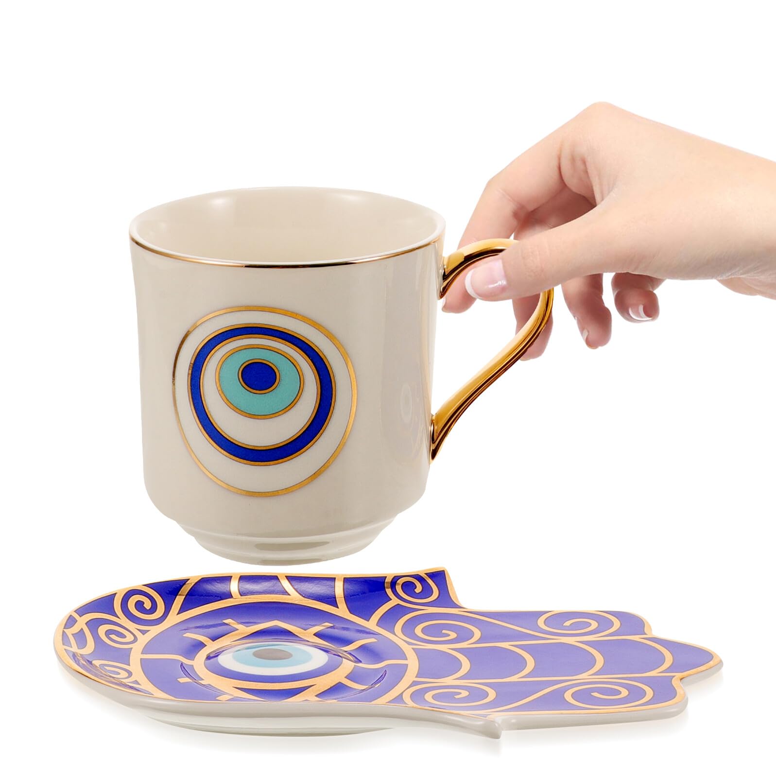 Veemoon 2 Sätze Türkische Espressotasse Set mit Blauem Auge Keramische Kaffeetassen und Untertassen Vintage Design Spülmaschinenfest für Kaffee Tee Milch und Wasser Stilvoll und Griffig