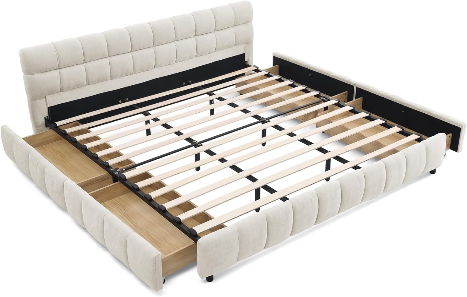 KEIKI King Thick Chenille Bed Frame with 4 Storage Drawer & Upholstered Tufted Headboard, Modern Solid Wood Floor Platform for Bedroom, No Box Spring Needed