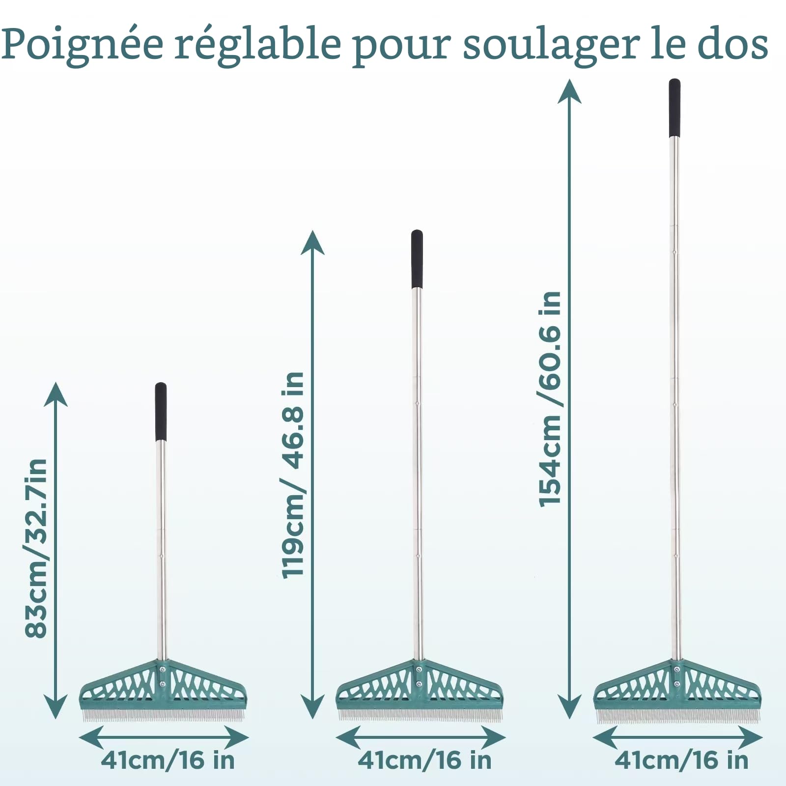 YEELOR Râteau à Gazon Artificiel avec poignée en Acier réglable de 81,3 à 155,3 cm, râteau à Gazon Artificiel Durable, Brosse à Gazon pour Nettoyer Les Poils d'animaux, Les Grandes Feuilles mortes et