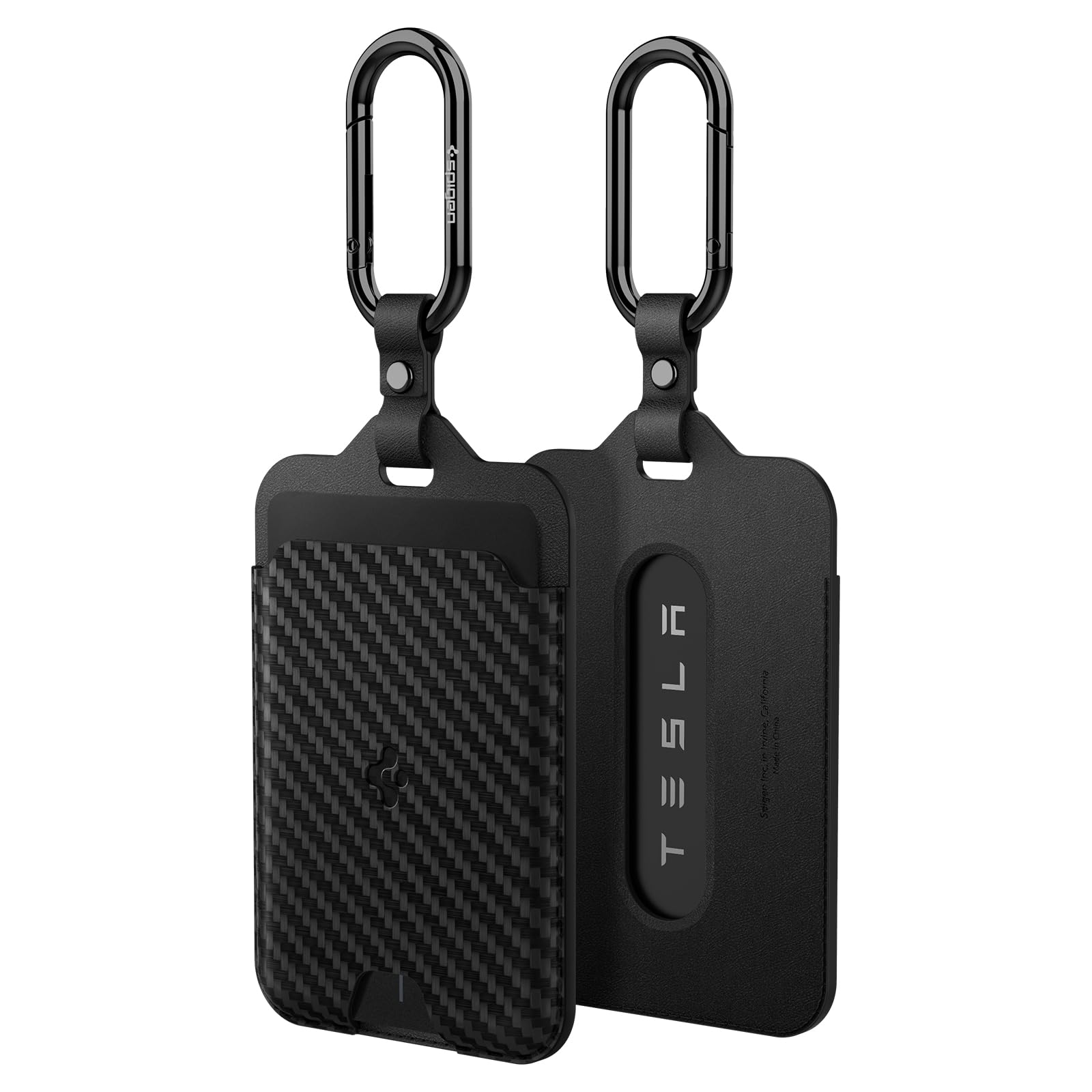 Spigen Air Fit PU Tesla Kart Anahtarı ile Uyumlu Kartlık Cüzdan + Karabiner Anahtarlık (2 Adet) TO245 Carbon - ACP08794