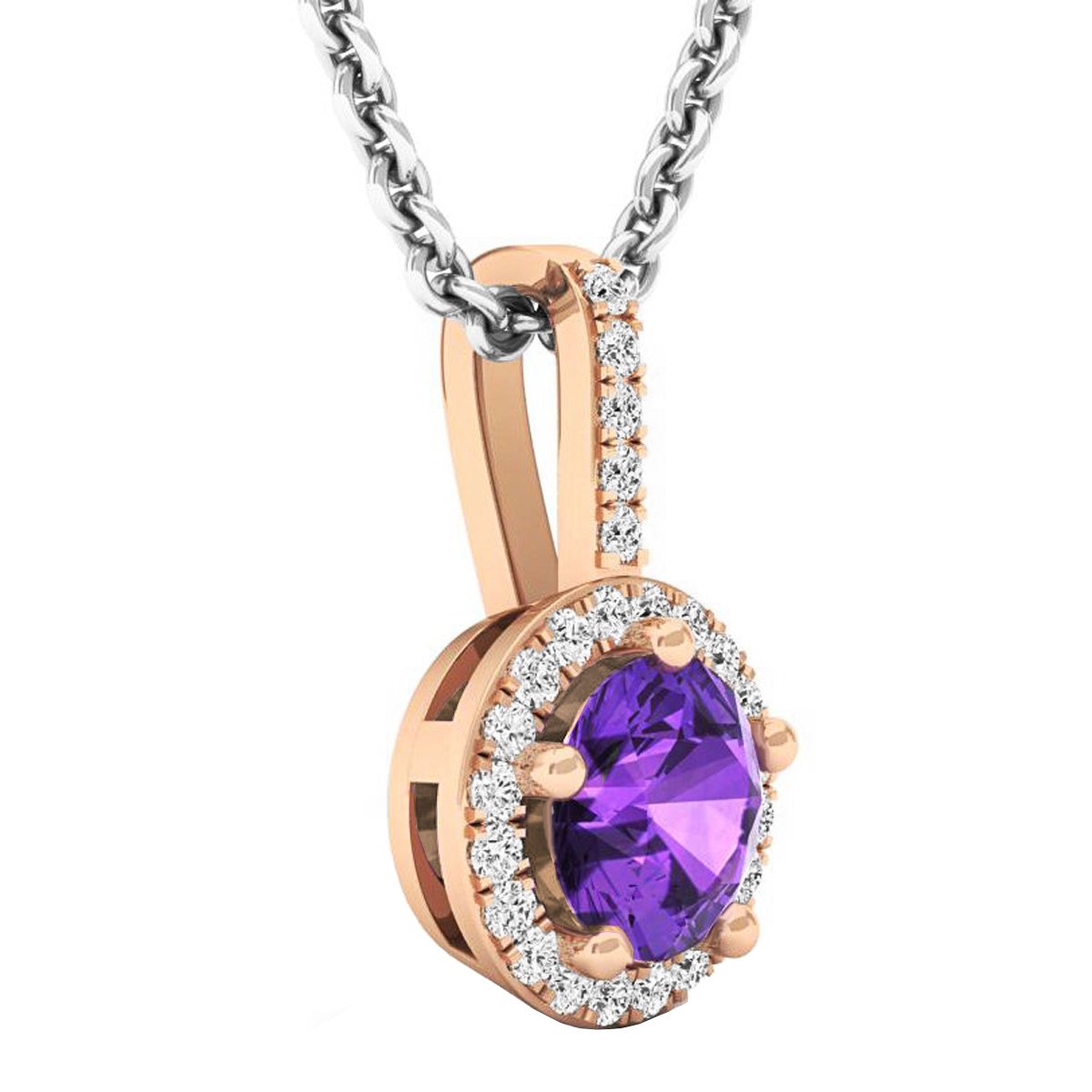 Dazzlingrock Collection Colgante de piedra preciosa redonda de 5 mm y diamante blanco para mujer (cadena de plata incluida), oro rosa macizo de 14 quilates, Silver Chain, Amatista Diamante Oro Rosa