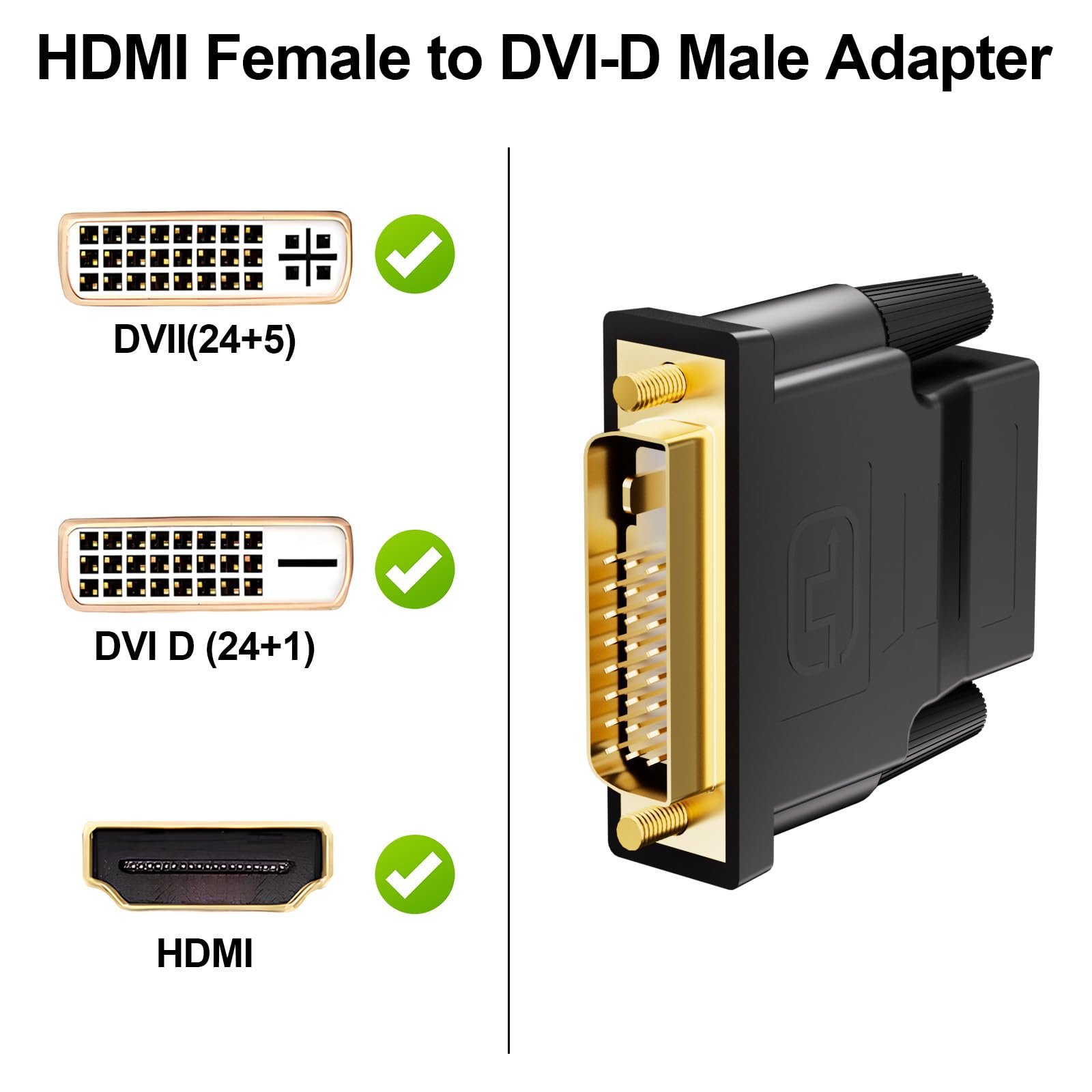 Adattatore DVI a HDMI 2 Pezzi, Bidirezionale DVI (DVI-D) Maschio a HDMI Femmina, Connettore Oro, 1920x1200 1080P@60Hz, DVI HDMI Convertitore per PC, monitor, laptop, TV, proiettore