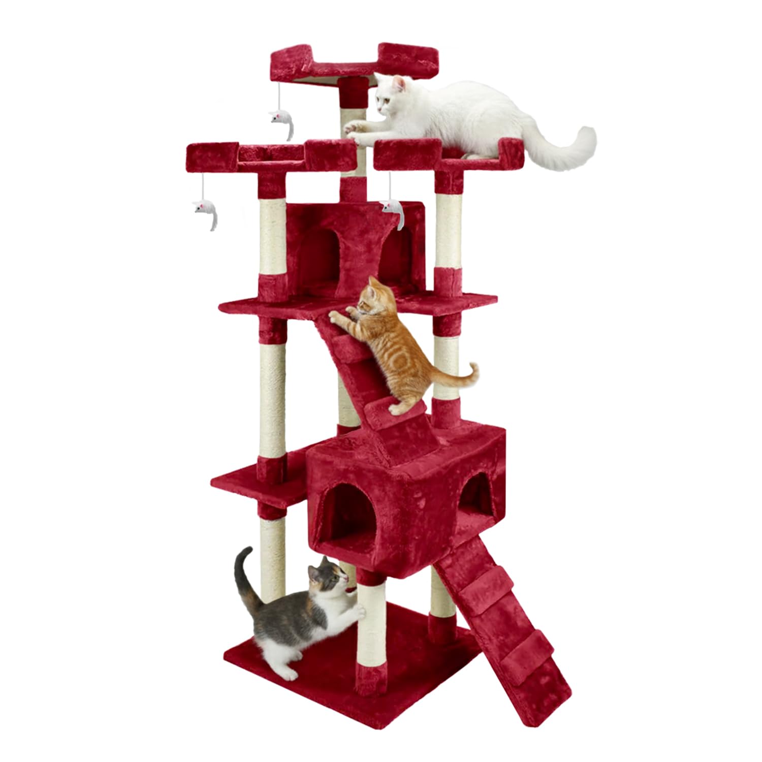 AQPET Tiragraffi XXL 170cm per Gatti con Cuccia, Albero Gioco Multifunzionale e Parco Giochi Completo, colore Rosso