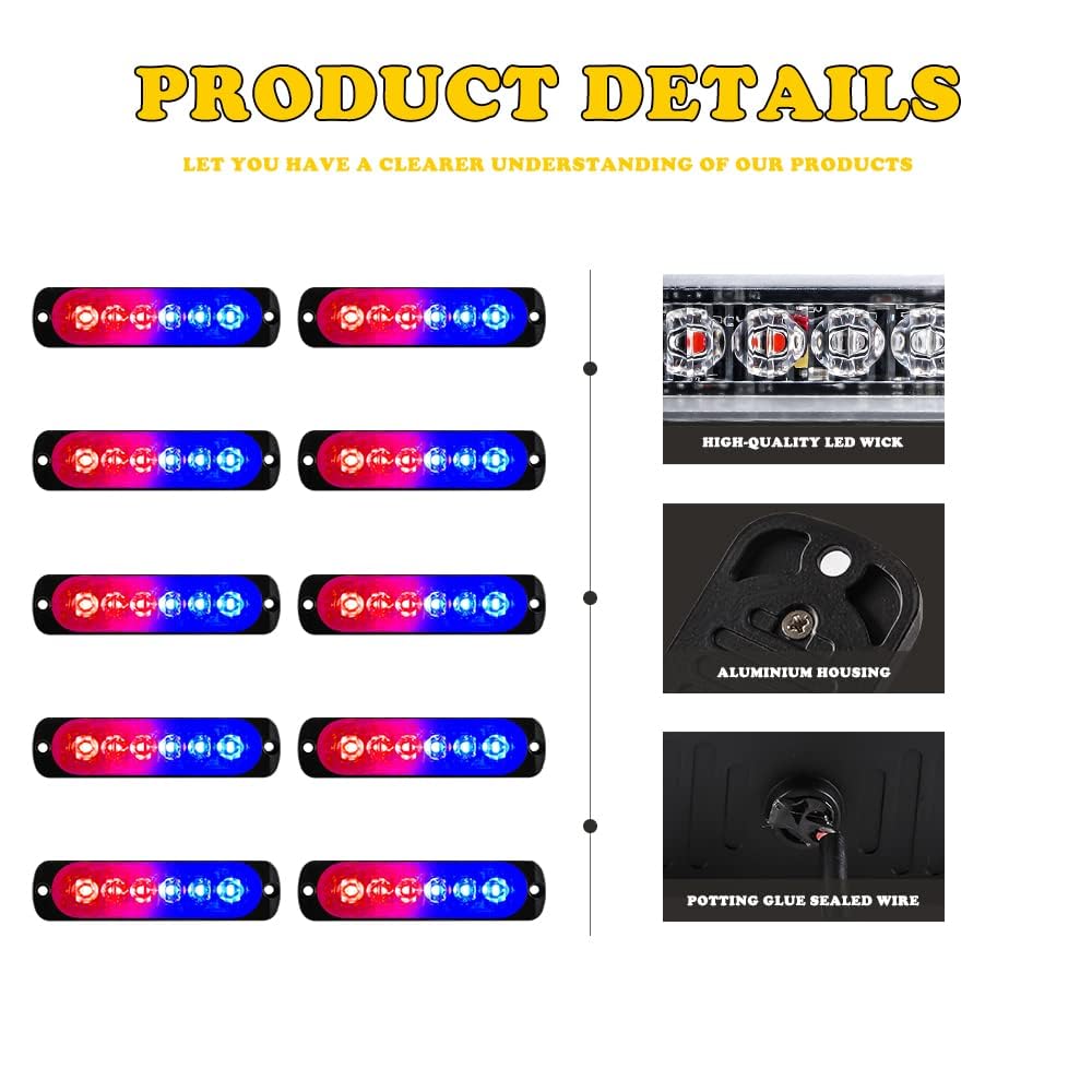 10pcs 6LED Rojo+Azul Luz de Advertencia Super Brillante Barra De Luz Estroboscópica 18 Modo Flash Para Coche Camión Pickup SUV Off Road Coche De Policía 12-24V