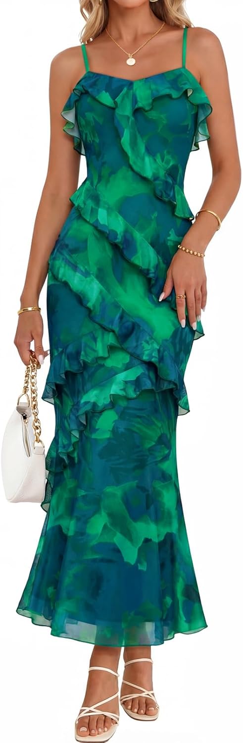 MEROKEETY Spring Wedding Guest Dress for Women 2026 Summer Floral Cocktail Party Beach Vacation Ruffle Bodycon Maxi Dresses