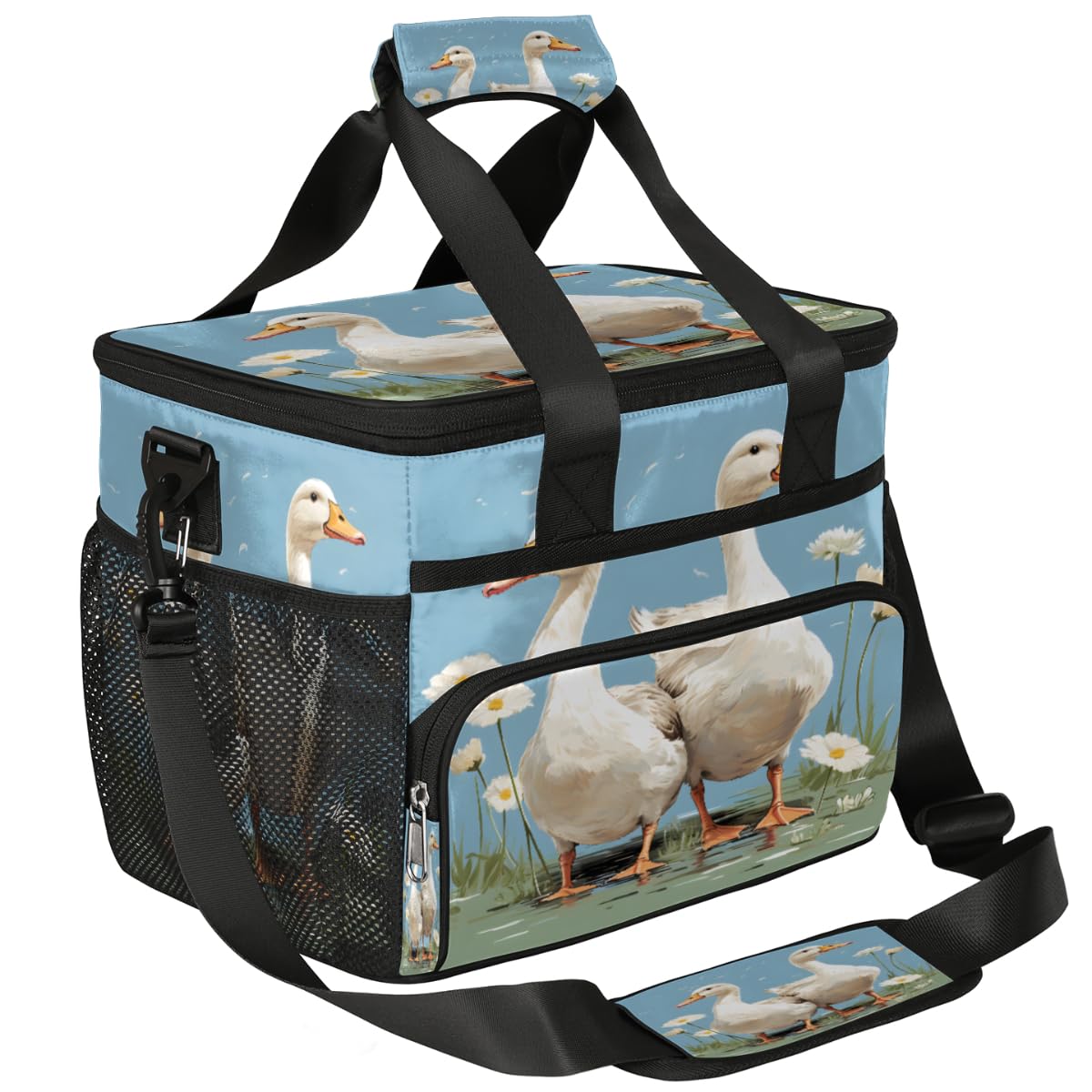 Flowers Insulated Picnic Backpack Lunch Box for Women Men Picnic Basket Tote Lunch Bag Picnic Bag Portable Lunch Bags for Picnic, Beach, Work, Trip,Office, Camp White Ducks