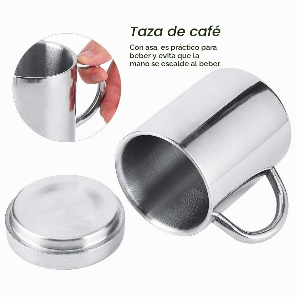 HERCHR Tazas de café de acero inoxidable, taza de café de doble pared con tapa y asa Tazas de viaje para acampar para bebidas calientes, té, café