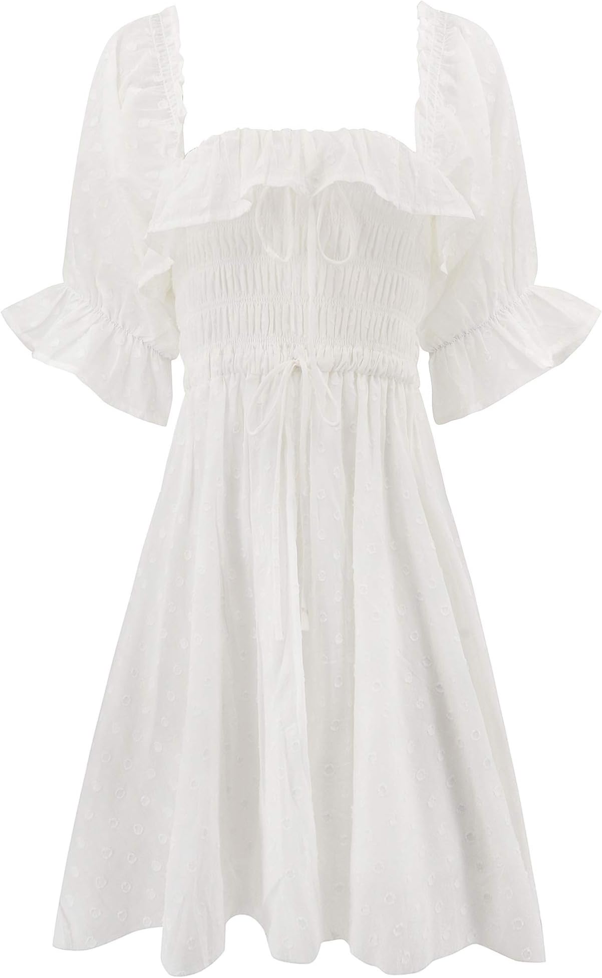 Women Vintage Retro Polka Dot Mini Dress Square Neck Short Sleeve A-Line Casual Dress