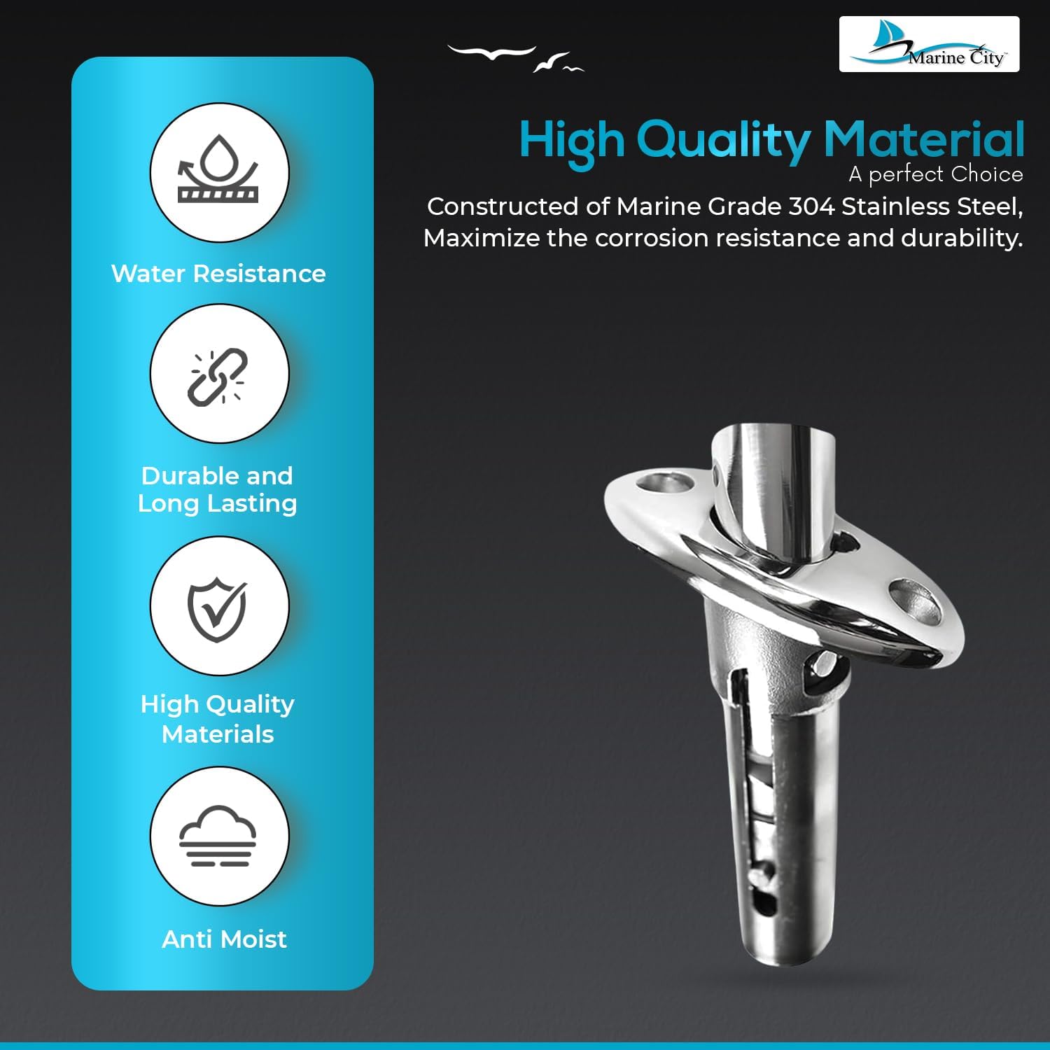 MARINE CITY Flag Staff Adjustable Stanchion Socket, 316 Grade Stainless Steel, 30-Degree Flush Mount, Twist Locking, Corrosion-Resistant, for Boats, Pack of 1