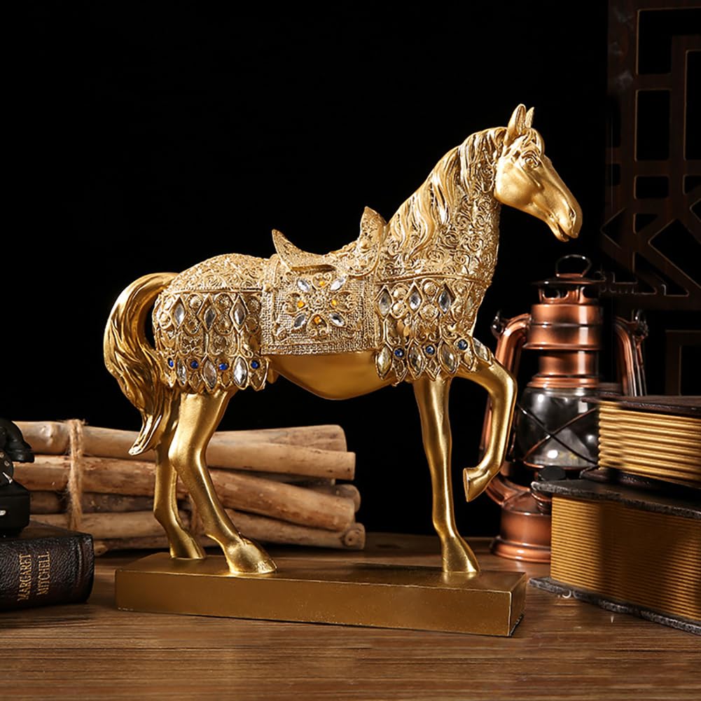 CHUOZI Gold Horse Statue Figurines to Attract Luck and Wealth Resin Standing Art Sculpture Home Office Decoration Tabletop Decor Ornaments for Desk Bookshelf (D)