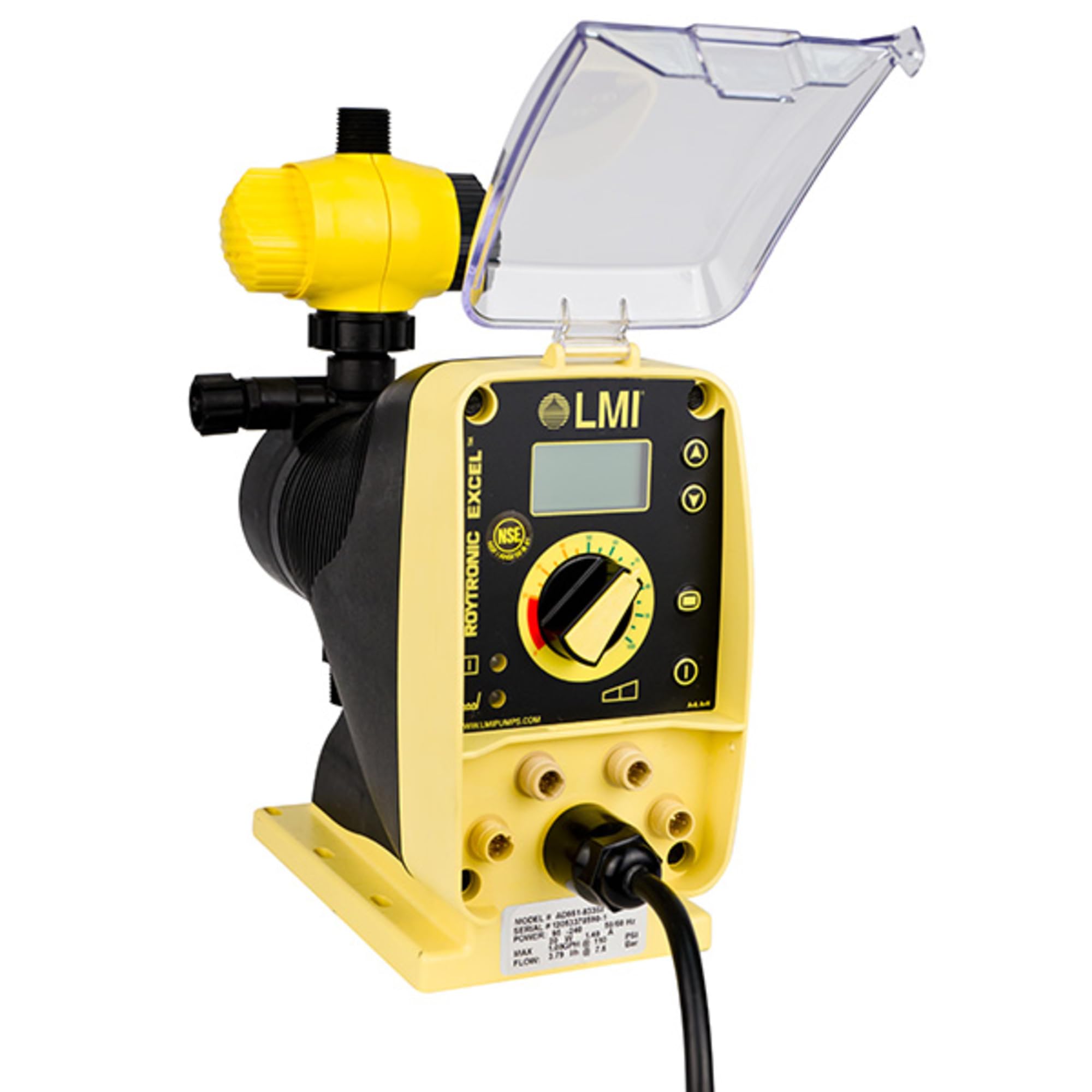 LMI Pump Excel AD851-A38HI. Autoprime for bleach. 0.8 gph / 110 psi max. 115V PVC head/fittings