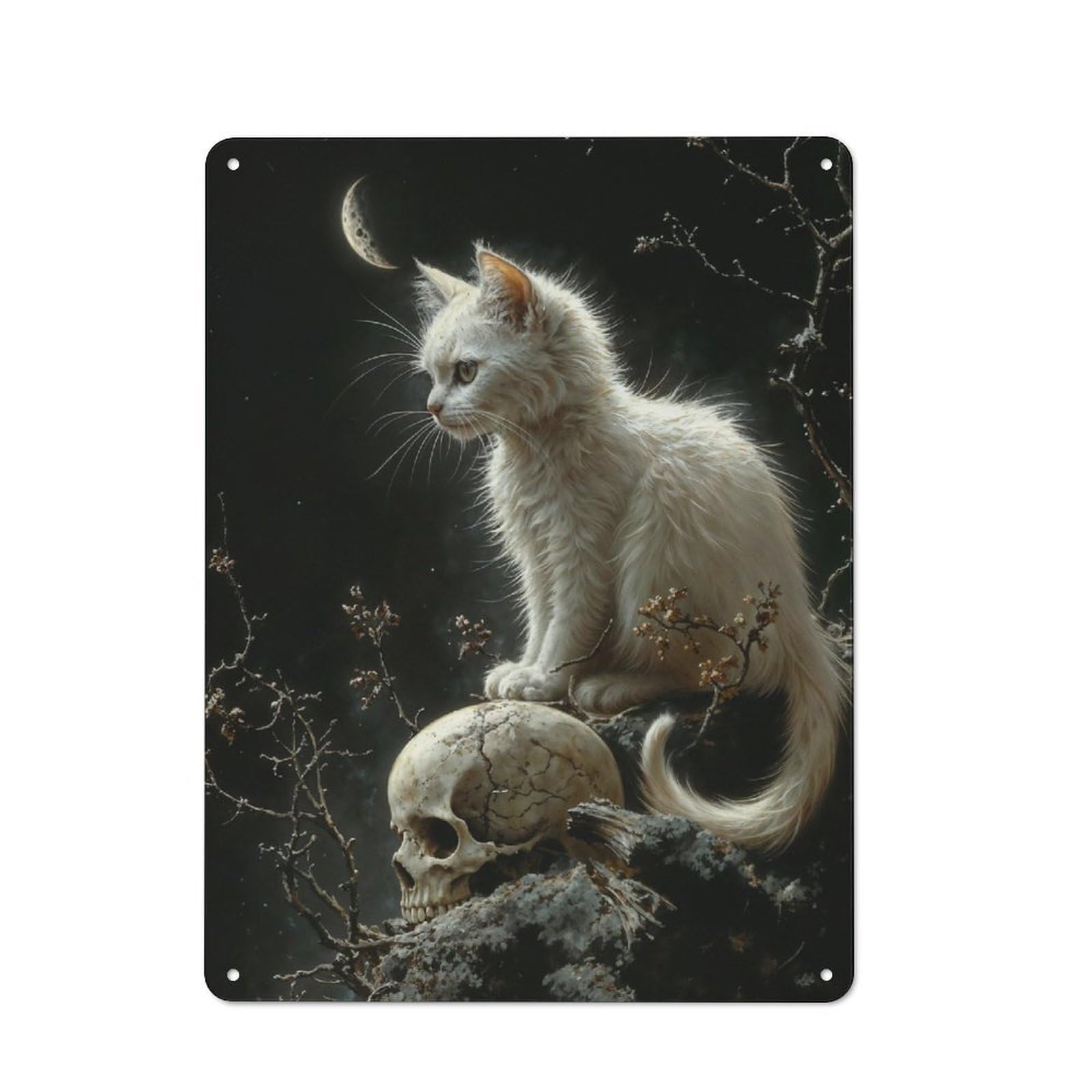 Junmoney White Cat And Skull Tin Wall Plaque 40X30cm With For Living Room Or Hallway, A Decorative Christmas Gift For Hallway Decor Fans