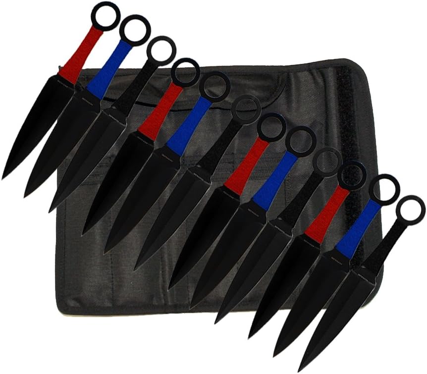 12 PC KUNAI STYLE THROWING KNIVES KNIFE SET - RED,BLACK,BLUE
