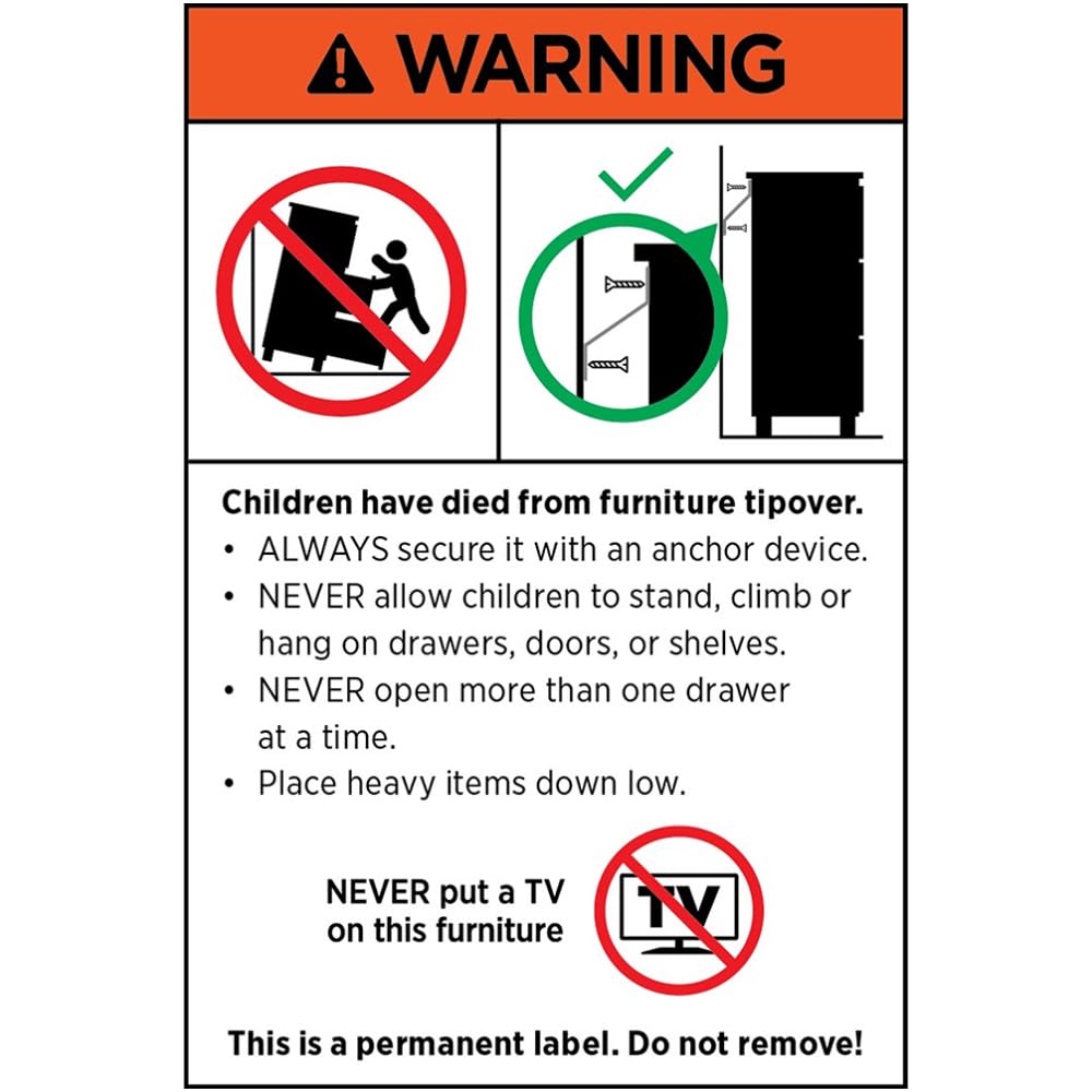 Warning label about furniture tip-over hazard
