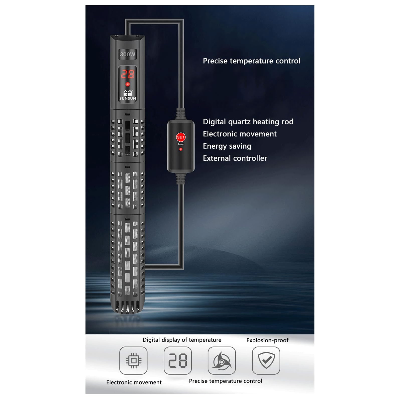 Varilla calefactora para pecera, Acuario de Tortugas, Temperatura Constante con Pantalla Digital, Ajuste de Temperatura Externa del Tanque, 200W (100W)