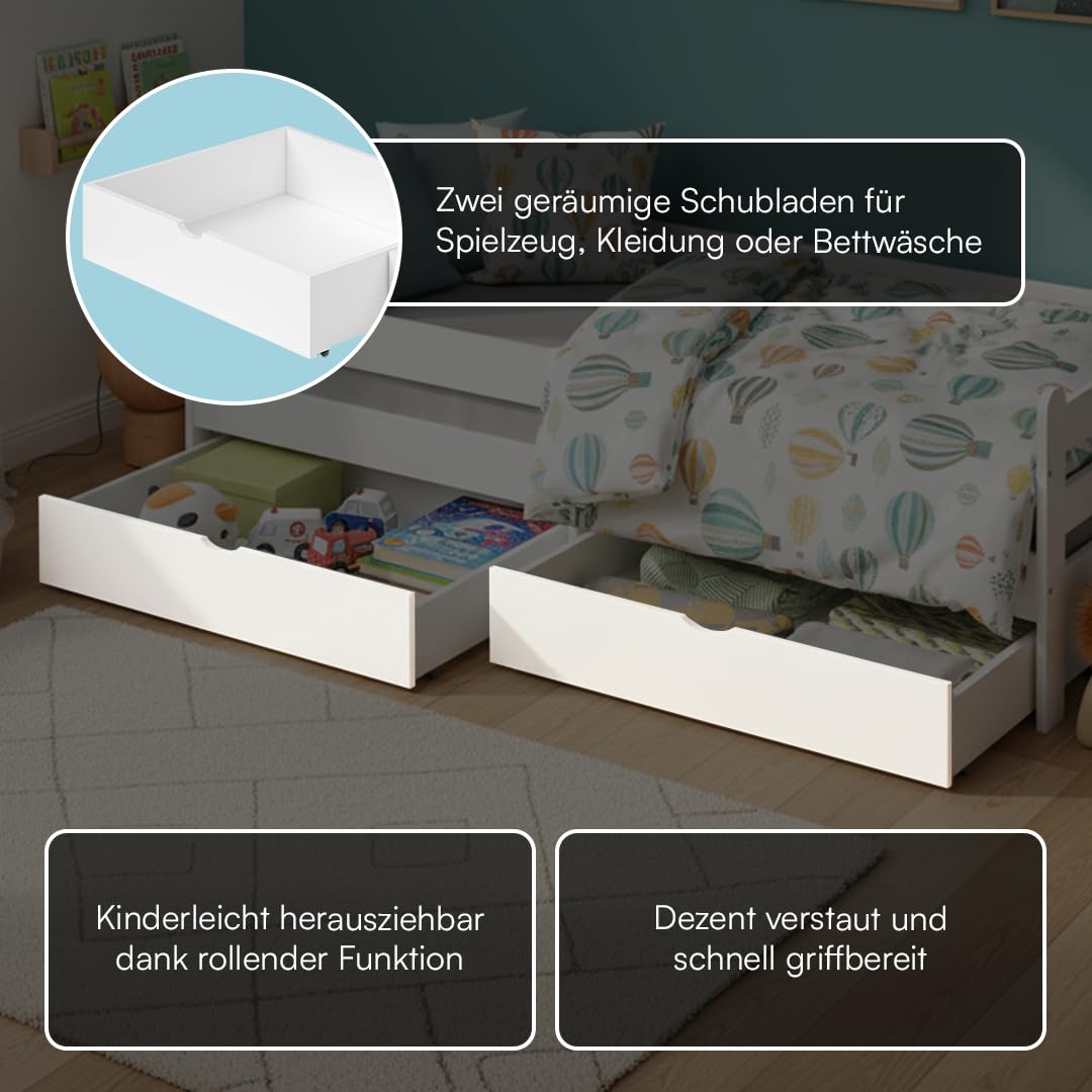 Bellabino Kuru Kinderbett 90x200 cm – Jugendbett mit 2 Schubladen - Kinder Bett mit Rausfallschutz & Lattenrost – Einzelbett für Jungen und Mädchen für Kinderzimmer – Kids Bed mit Stauraum in Weiß