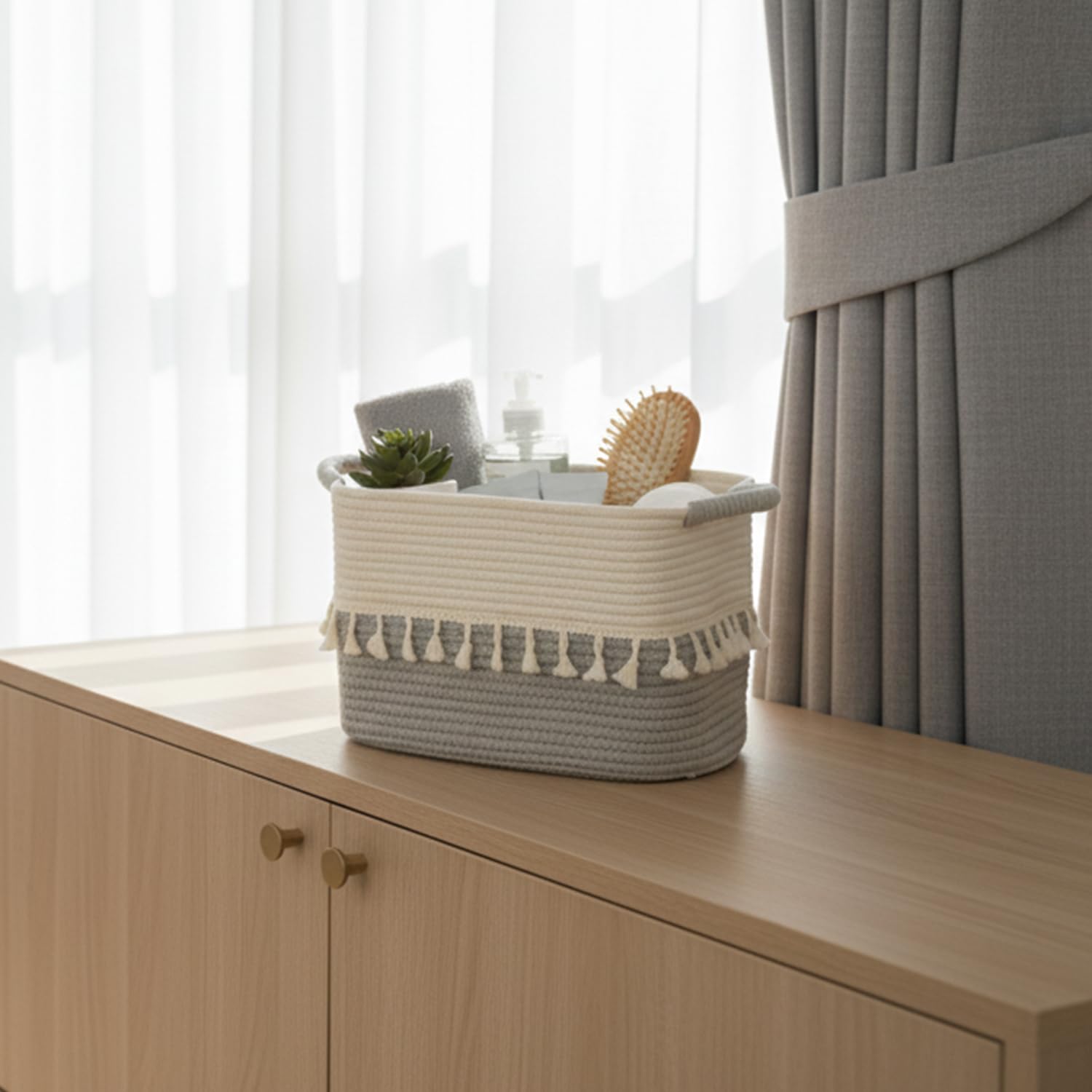 TeoKJ Cestini Intrecciati per Riporre Oggetti, in Corda di Cotone, Confezione da 3 Pezzi, Con Manici per Organizzare, Graziosi Cestini per Asilo Nido, Soggiorno, 38,1 x 25,4 x 22,9 cm, Bianco e Grigio