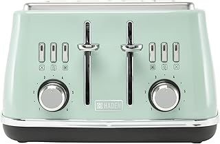 Haden Cotswold Sage Green 4 Slice Toaster – Stainless Steel Toaster 4 Slice - Adjustable Browning Control - Reheat and Defrost Functions - Wide Slots - Removable Crumb Tray - 1640-1960W