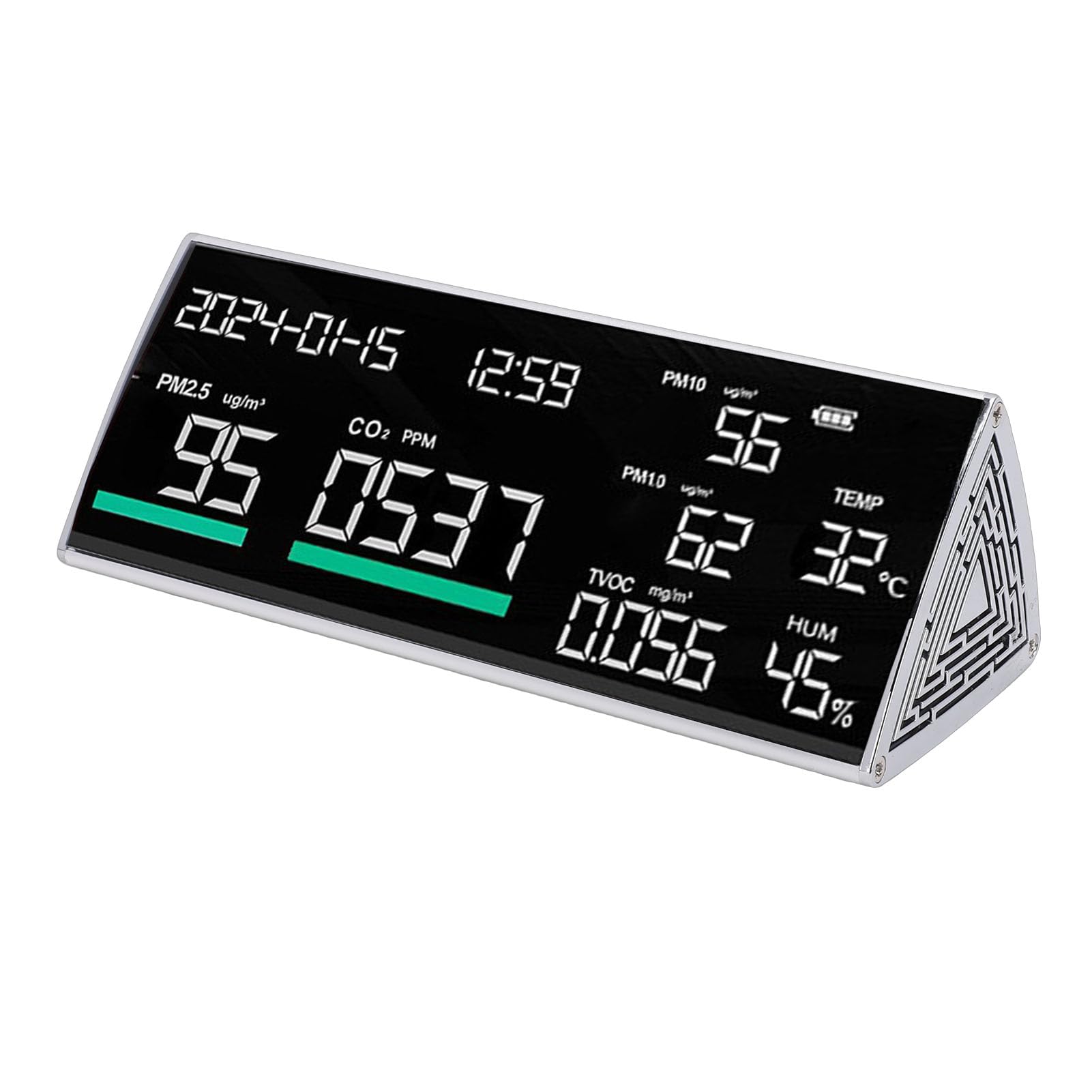 Fockety Monitor de calidad del aire, 9 en 1, de escritorio, con medidor de calidad del aire, PM2.5, PM1.0, PM10, temperatura, humedad, CO2, TVOC, hora y fecha, para casa y hotel
