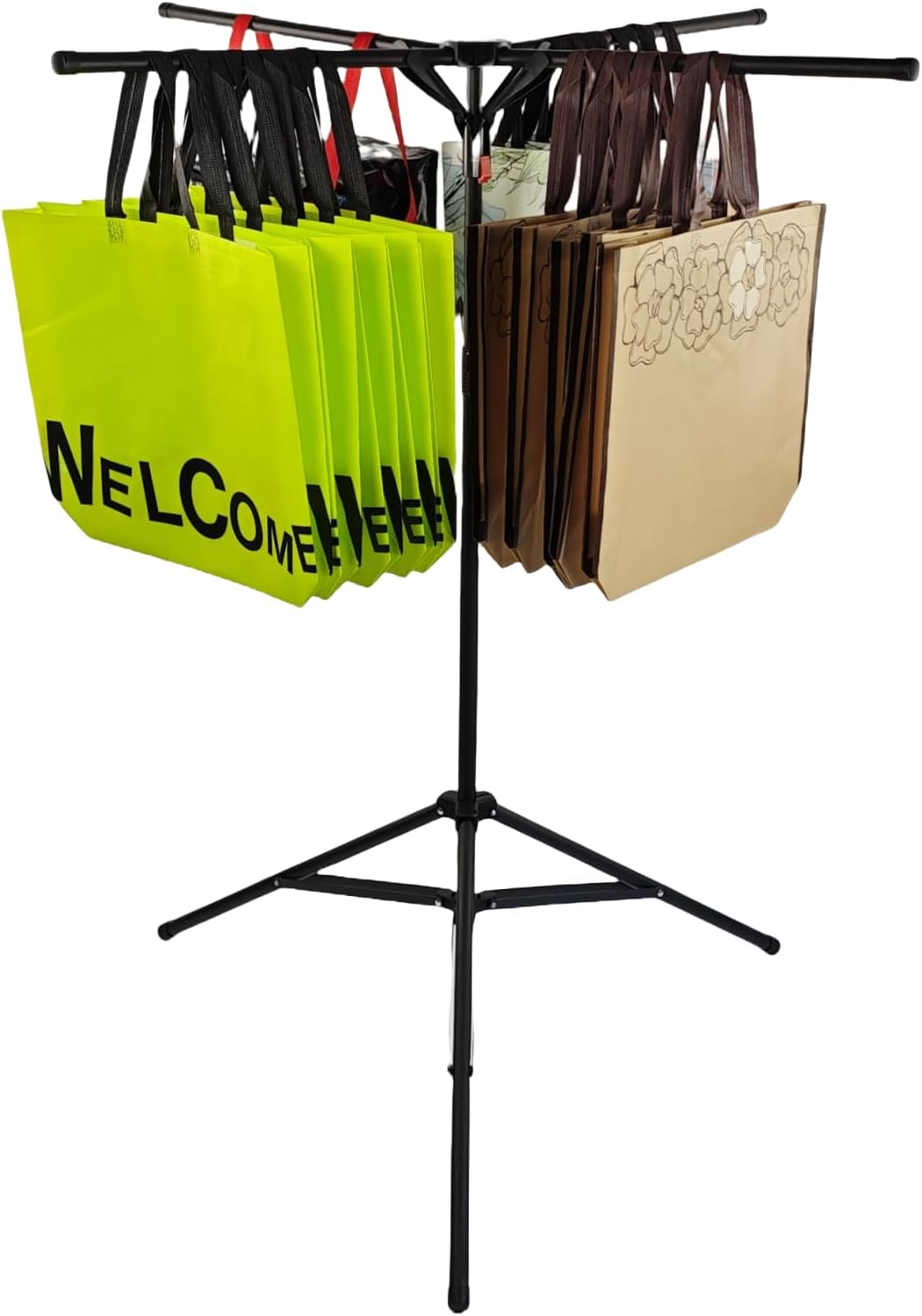 CozyNova Shopping Bag Rack: Adjustable Height & Base, Premium Metal Display Stand for Stores & Malls, Holds Up to 50lbs, Foldable & Space-Saving Design Black